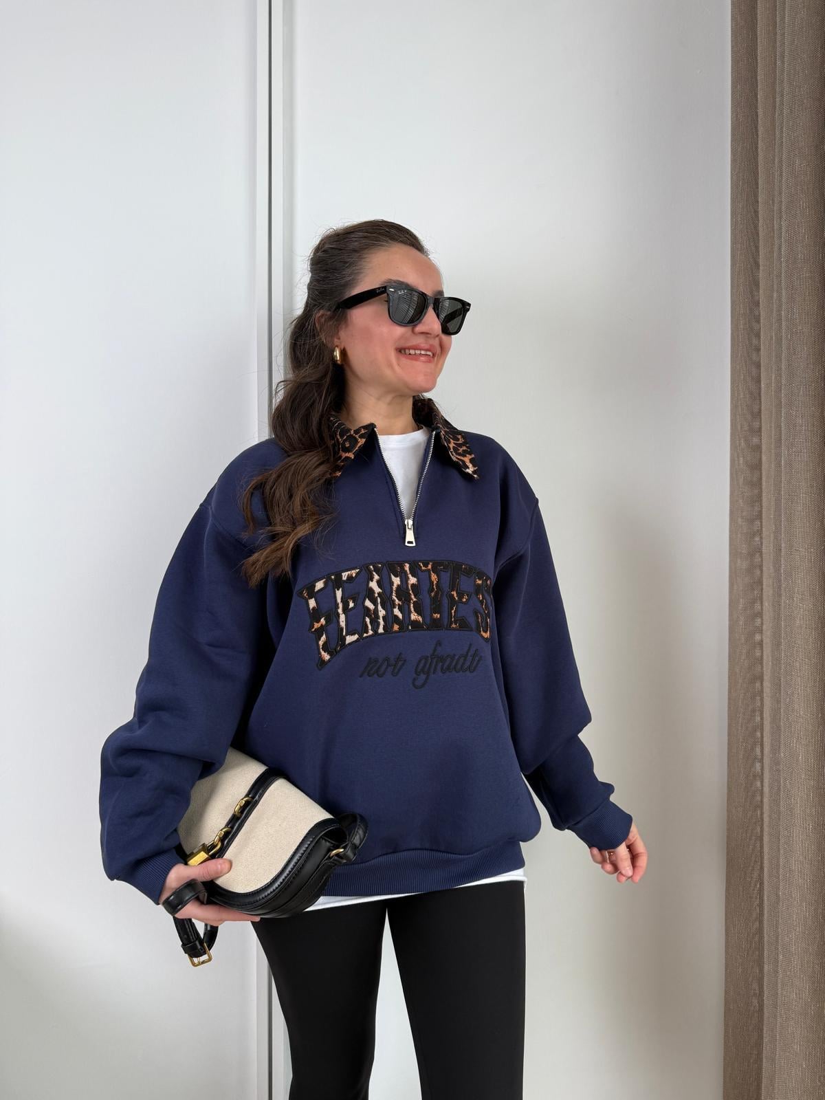 Lacivert Üç İplik Leopar Desen Polo Yaka Sweatshirt 066