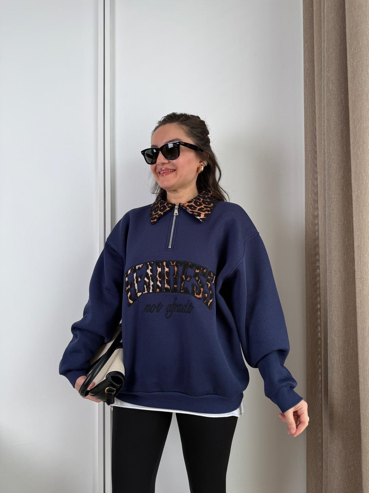 Lacivert Üç İplik Leopar Desen Polo Yaka Sweatshirt 066