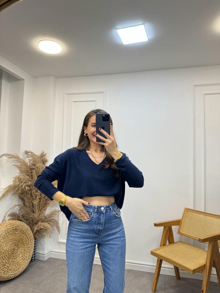 Lacivert V Yaka Yumoş Triko Bluz 7590