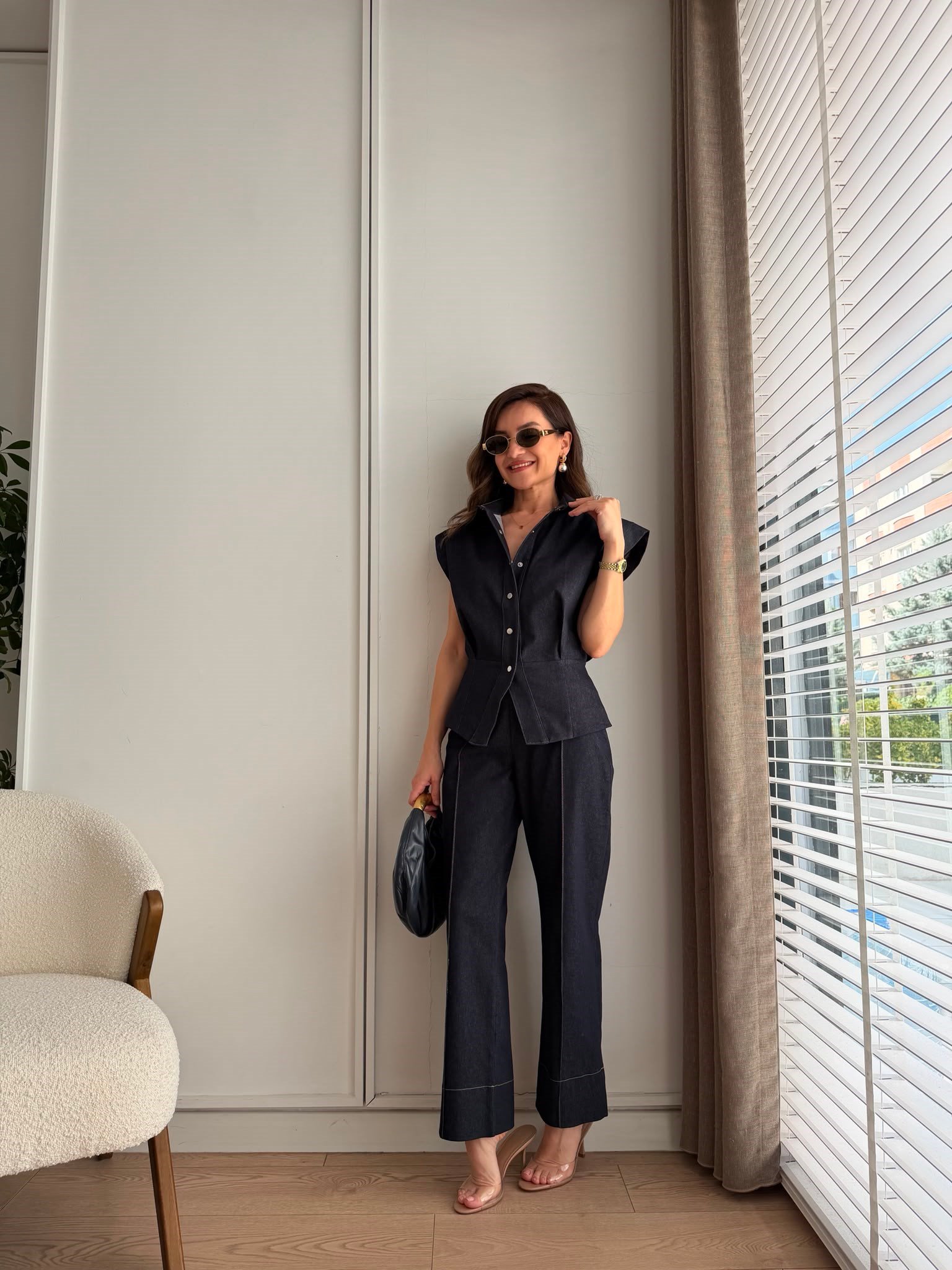 Lacivert Vatkalı Pens Detaylı Denim Takım 3829