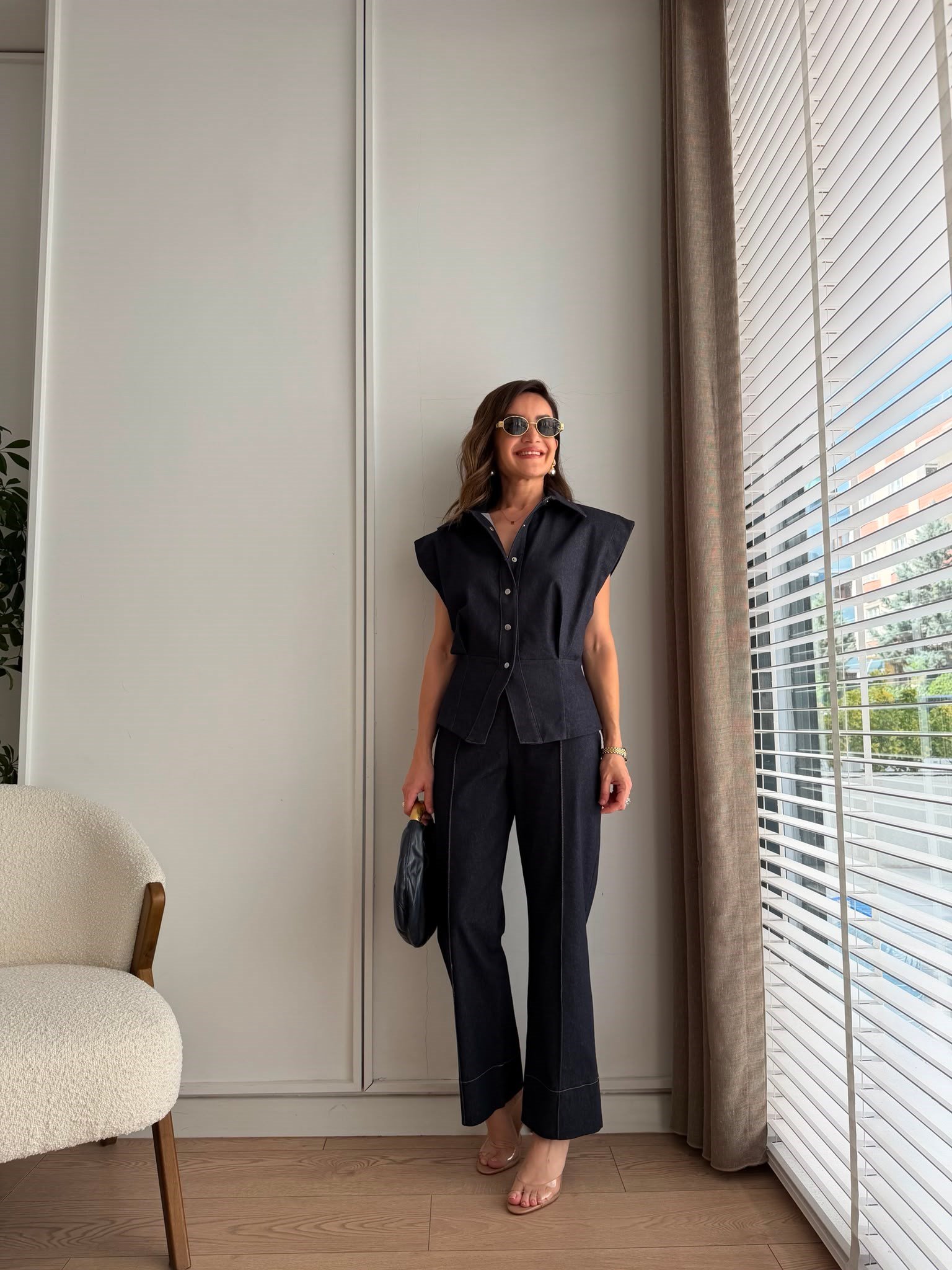 Lacivert Vatkalı Pens Detaylı Denim Takım 3829