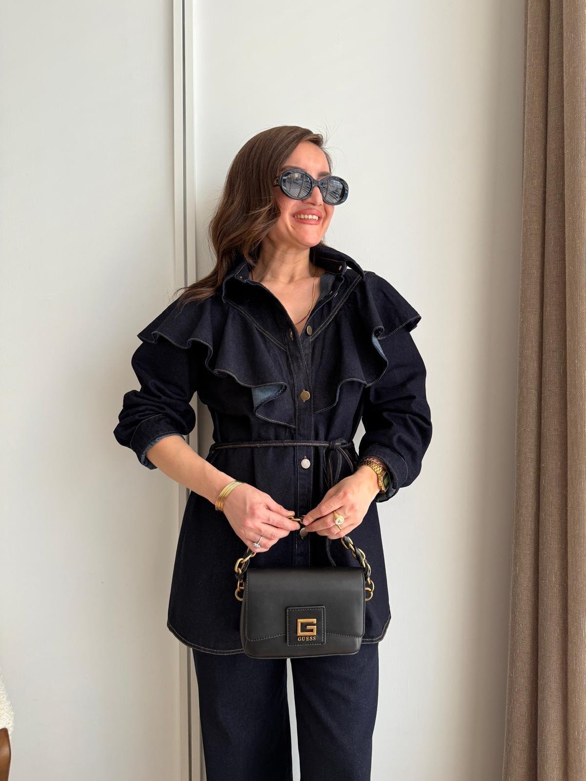 Lacivert Volan Detaylı Uzun Denim Gömlek 5317