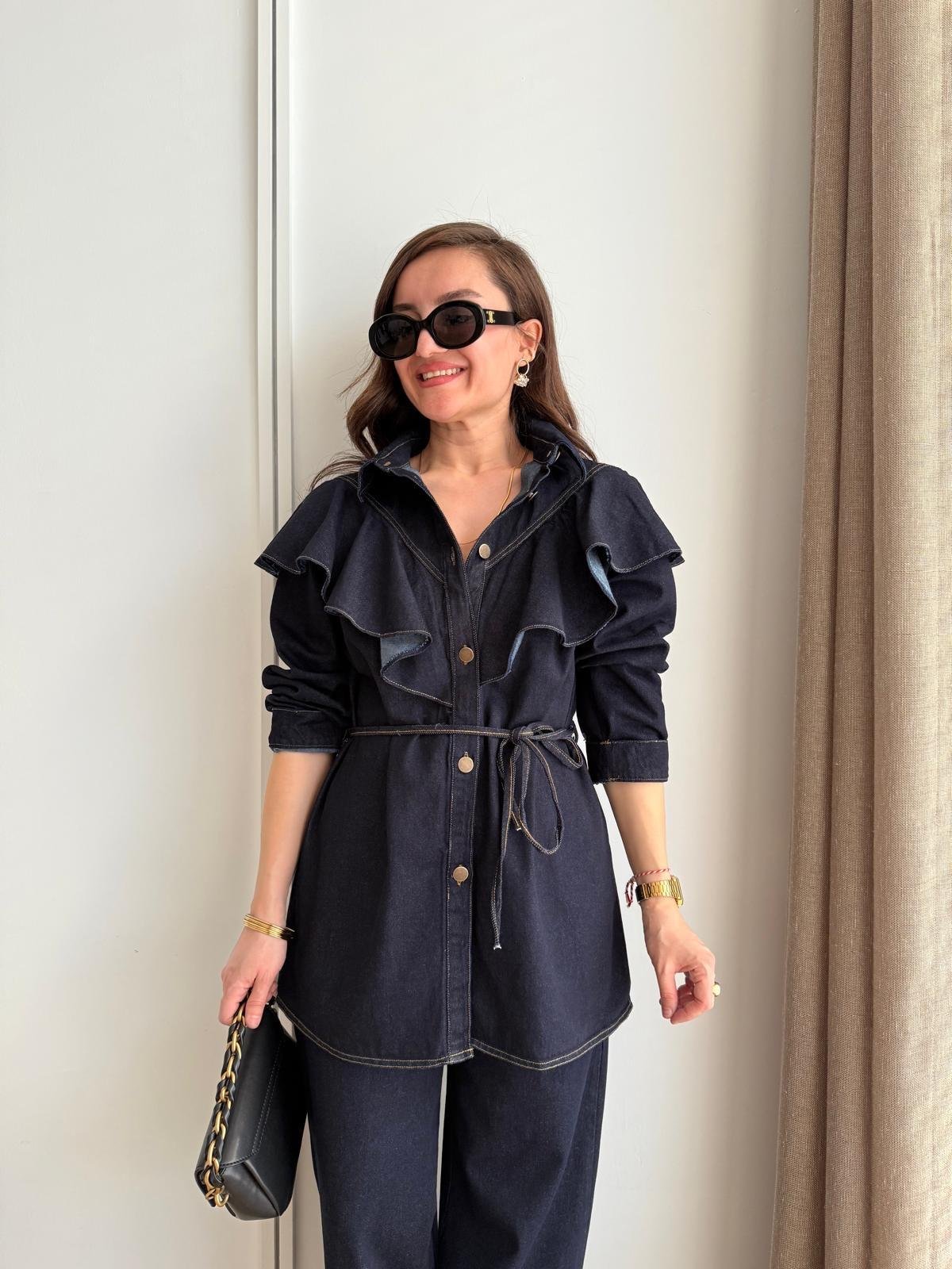 Lacivert Volan Detaylı Uzun Denim Gömlek 5317