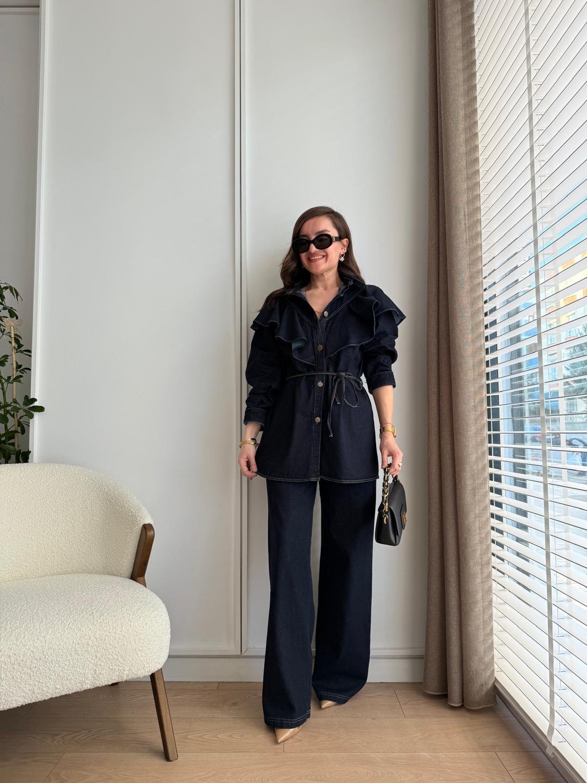 Lacivert Volan Detaylı Uzun Denim Gömlek 5317