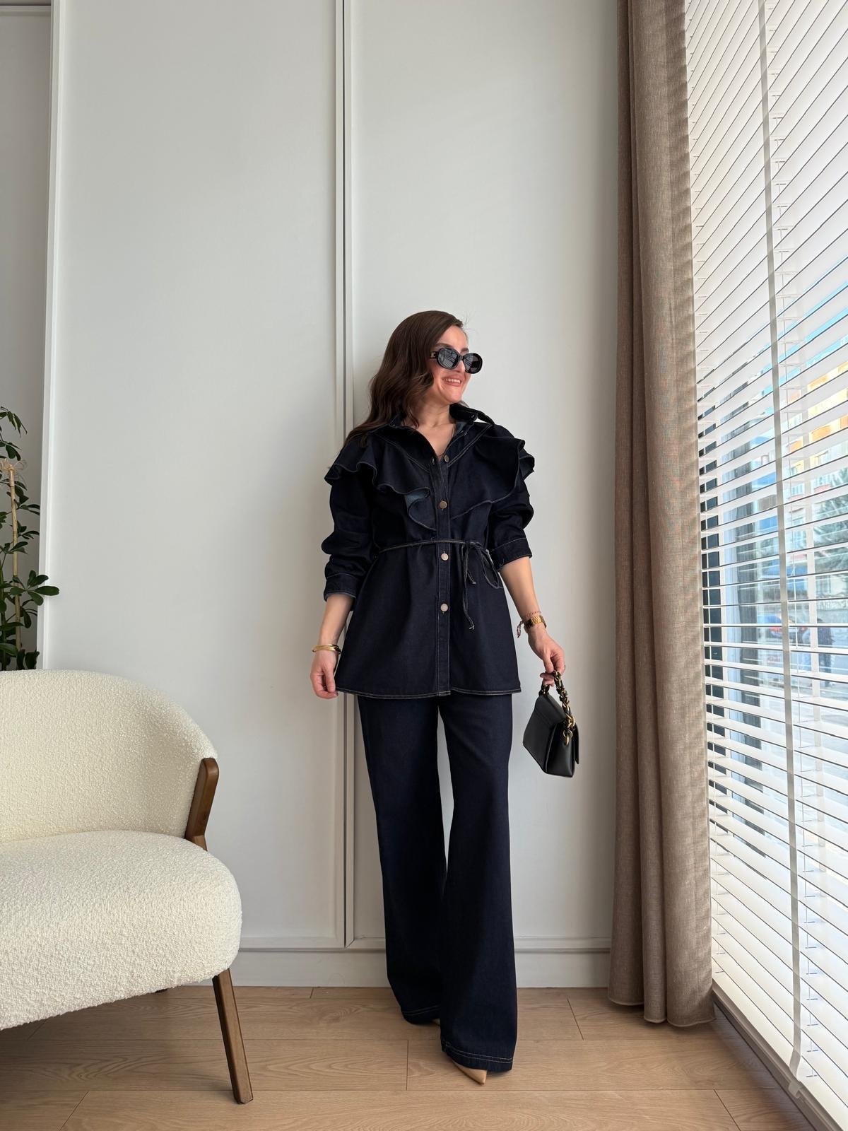 Lacivert Volan Detaylı Uzun Denim Gömlek 5317