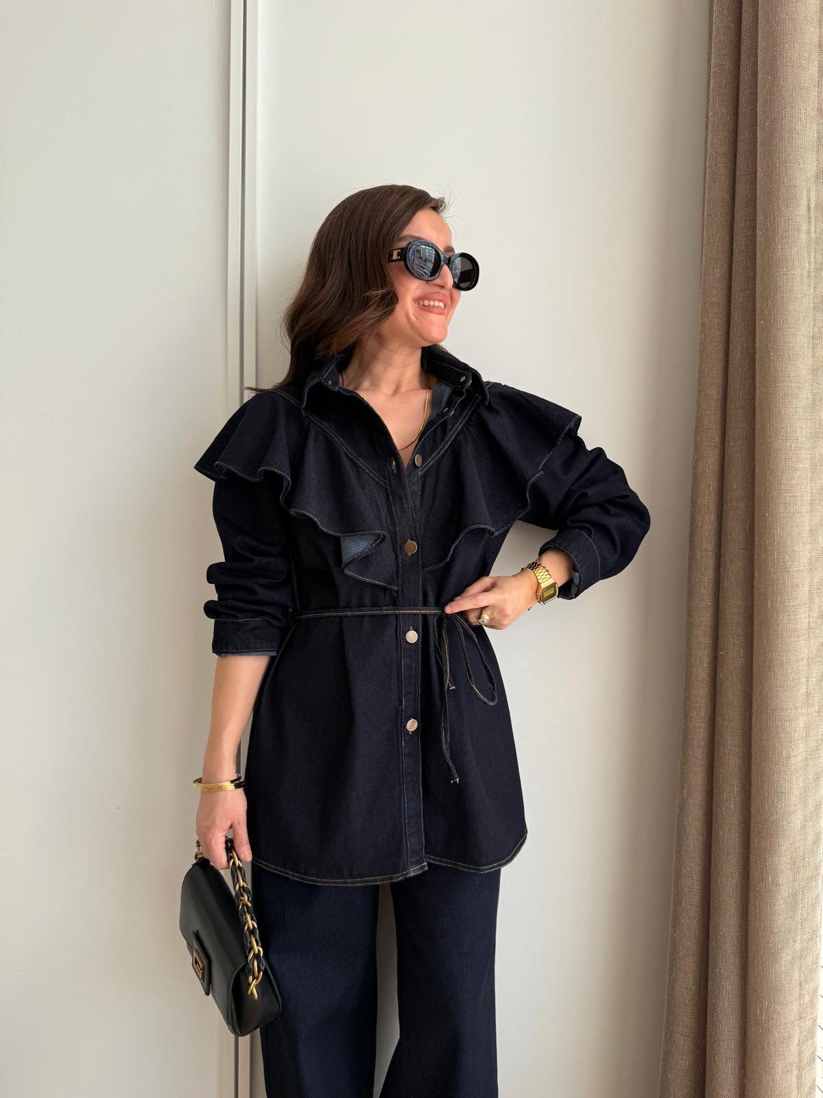 Lacivert Volan Detaylı Uzun Denim Gömlek 5317