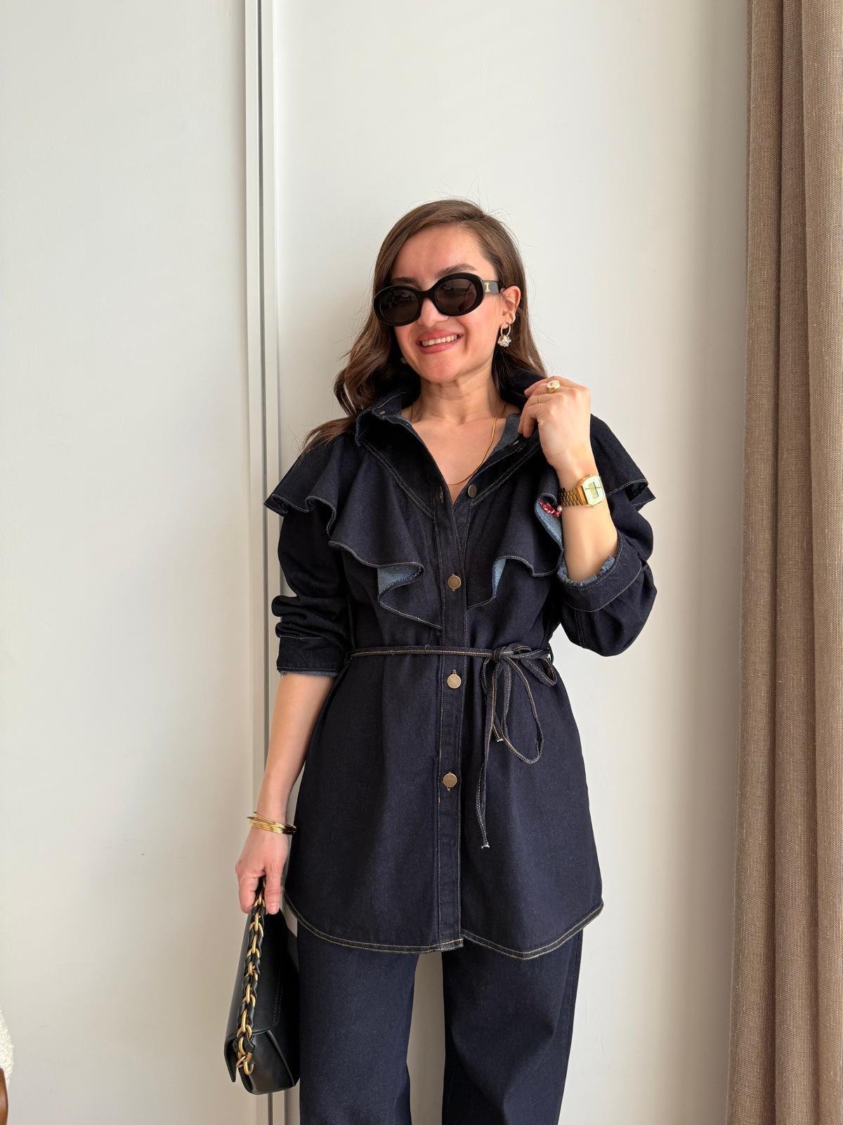 Lacivert Volan Detaylı Uzun Denim Gömlek 5317