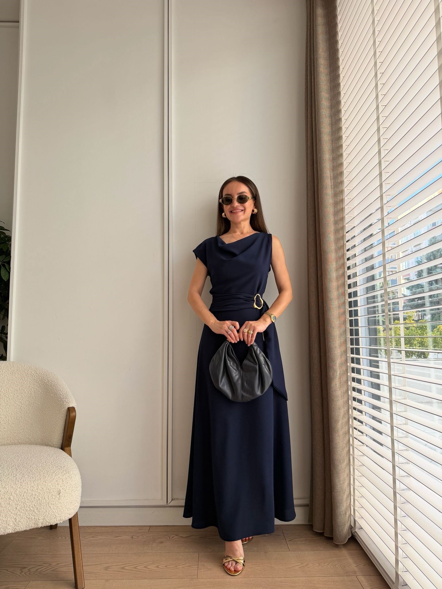 Lacivert Yaka Detaylı Kuşaklı Elbise 3978