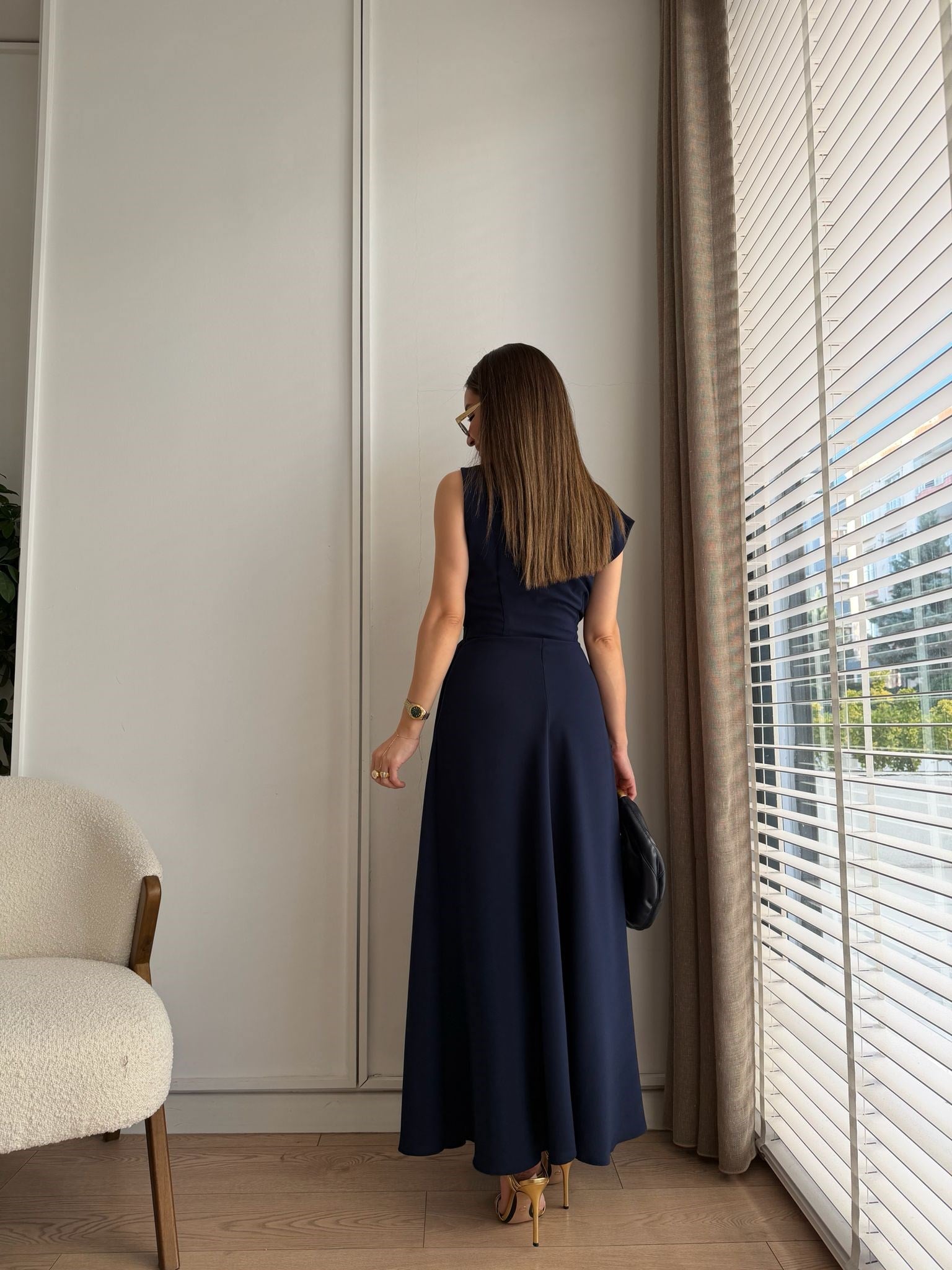 Lacivert Yaka Detaylı Kuşaklı Elbise 3978
