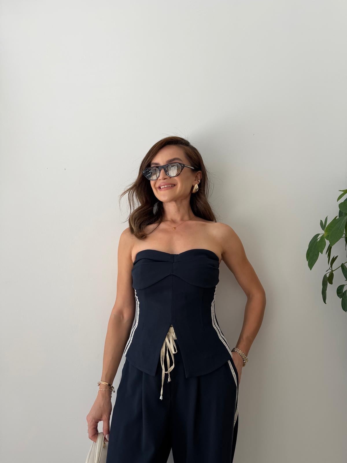 Lacivert Yanları Şeritli Korse Straplez Crop 23295