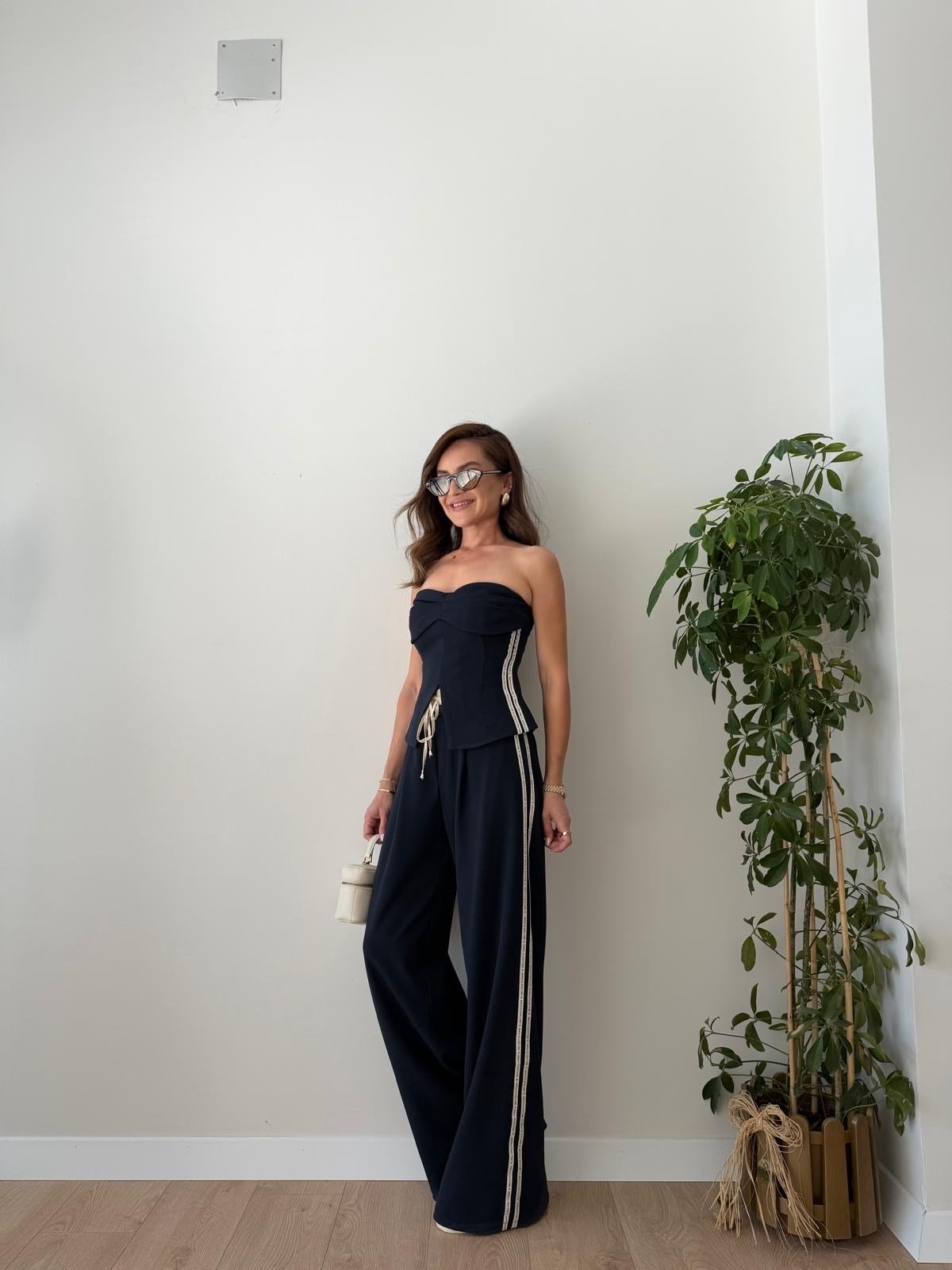 Lacivert Yanları Şeritli Korse Straplez Crop 23295