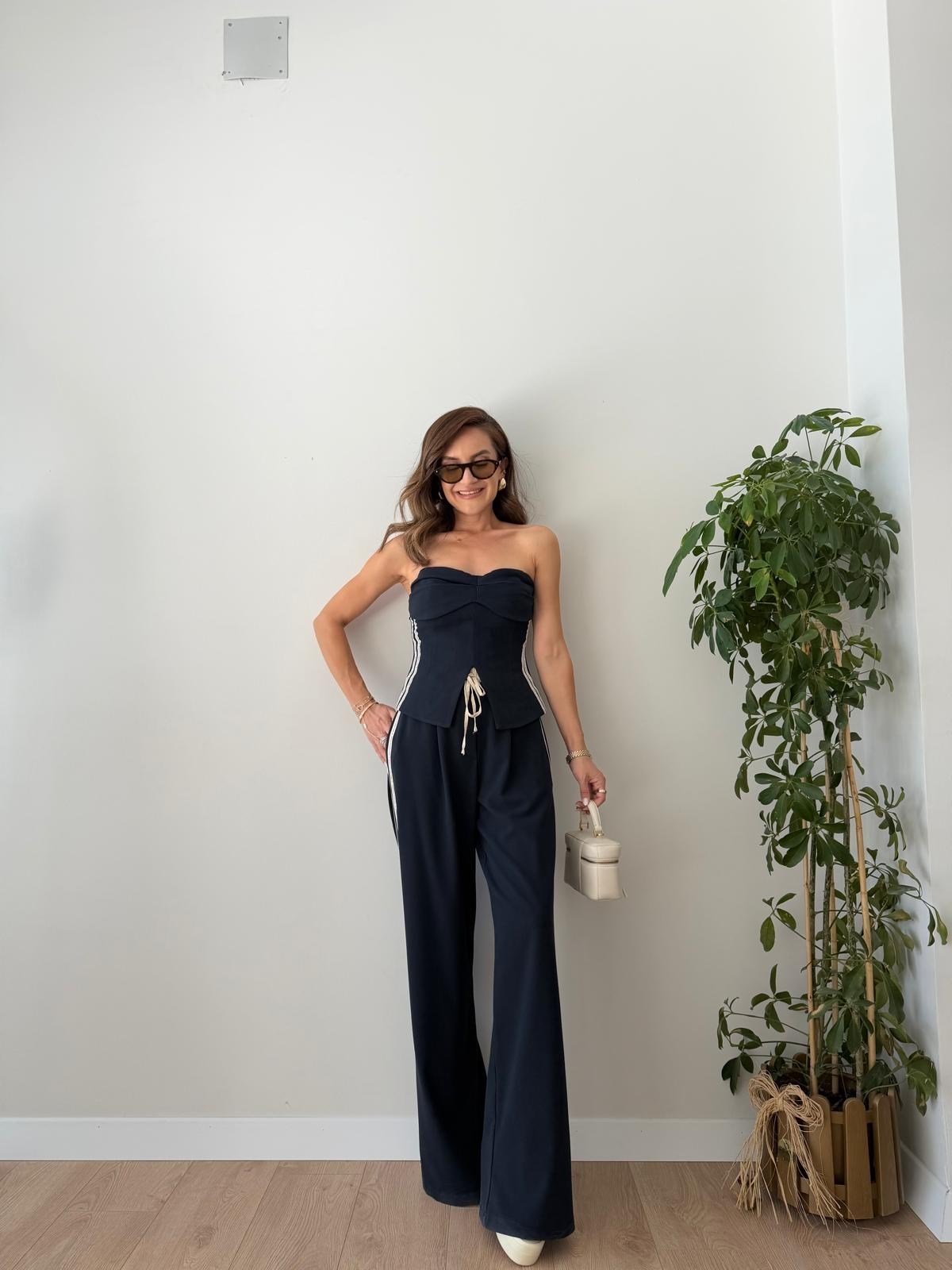 Lacivert Yanları Şeritli Korse Straplez Crop 23295