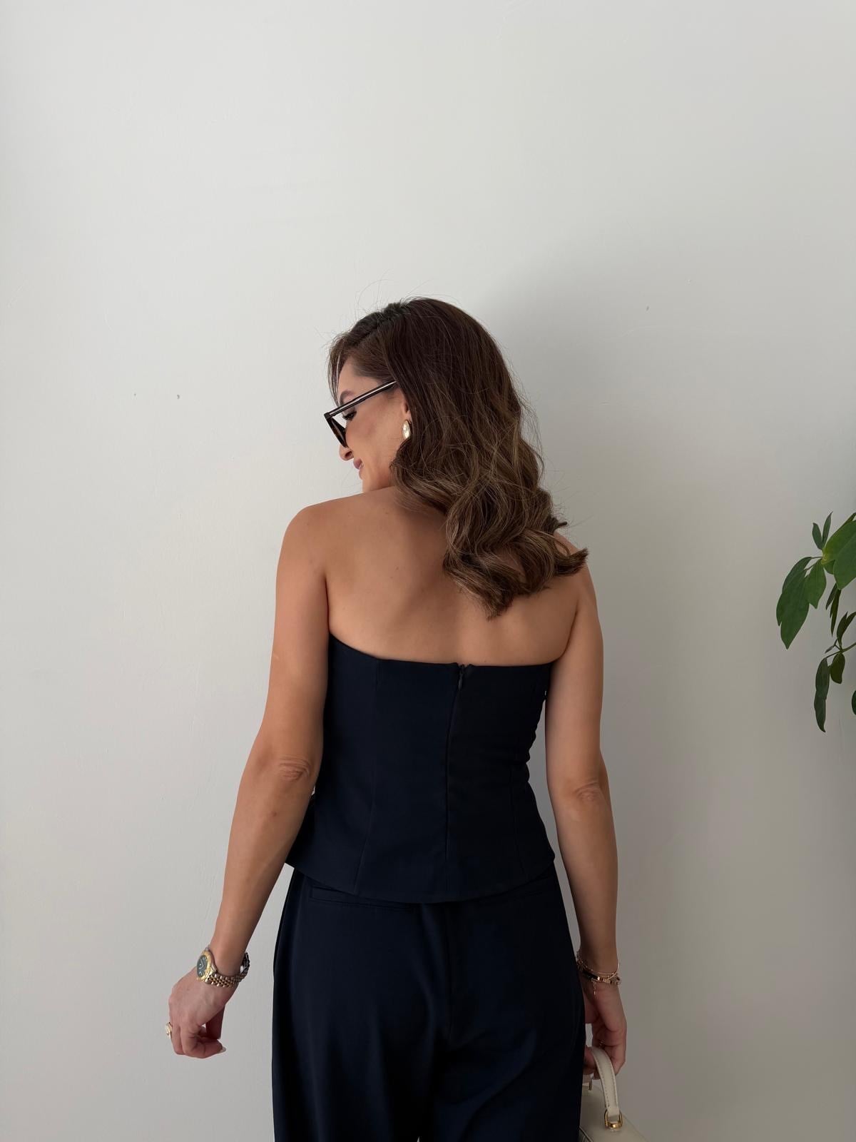 Lacivert Yanları Şeritli Korse Straplez Crop 23295