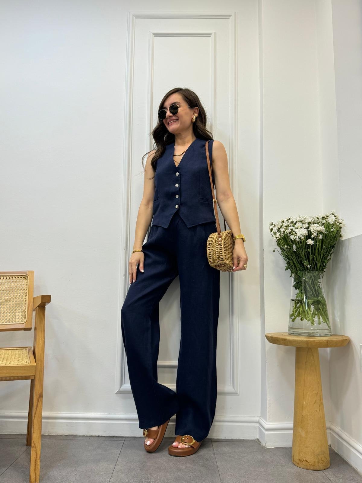 Lacivert Yelek Pantolon Keten Takım 7156