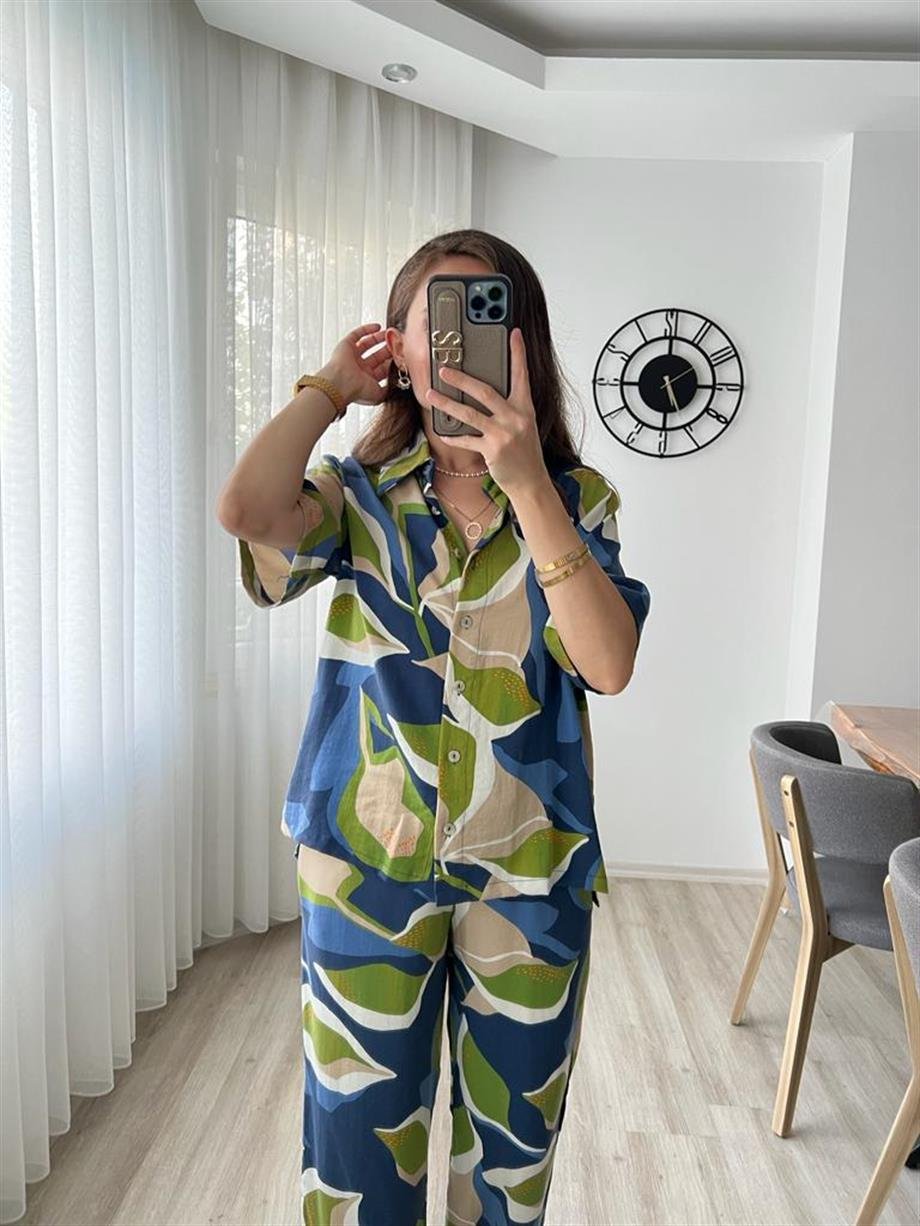 Lacivert Yeşil Desenli Gömlek Pantolon Takım 00112