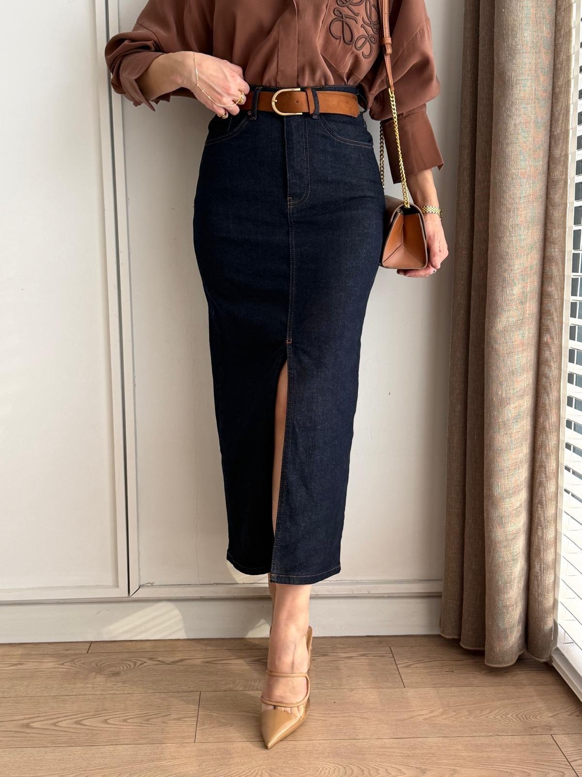 Lacivert Yırtmaç Detaylı Kemerli Denim Etek 0761