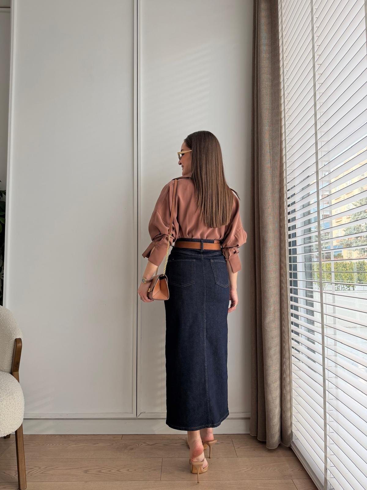 Lacivert Yırtmaç Detaylı Kemerli Denim Etek 0761
