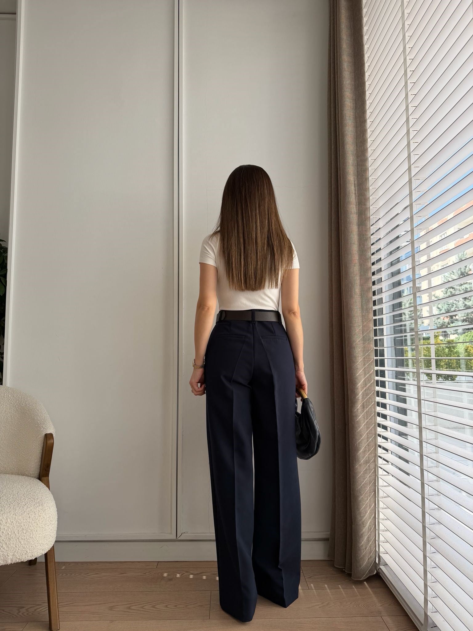 Lacivert Yüksek Bel Kemerli Bol Paça Pantolon 17038