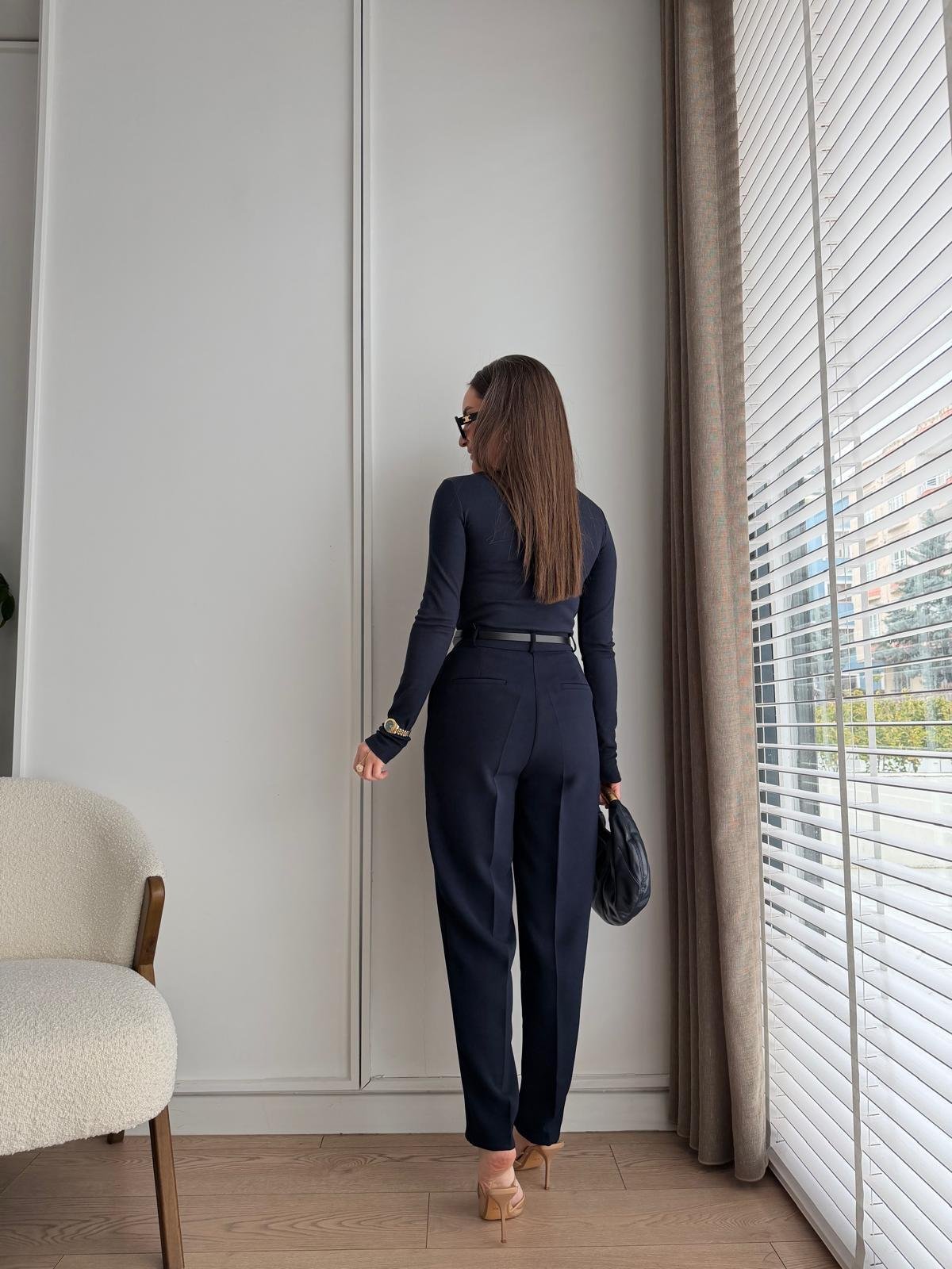 Lacivert Yüksek Bel Kemerli Kumaş Pantolon 3854