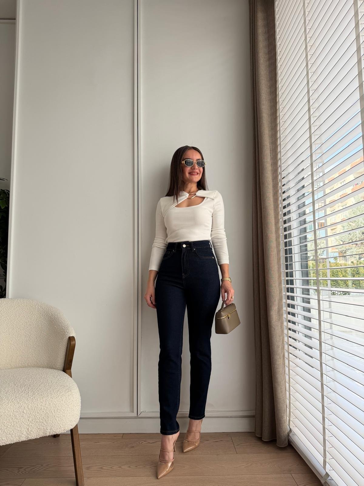 Lacivert Yüksek Bel Mom Jean D661