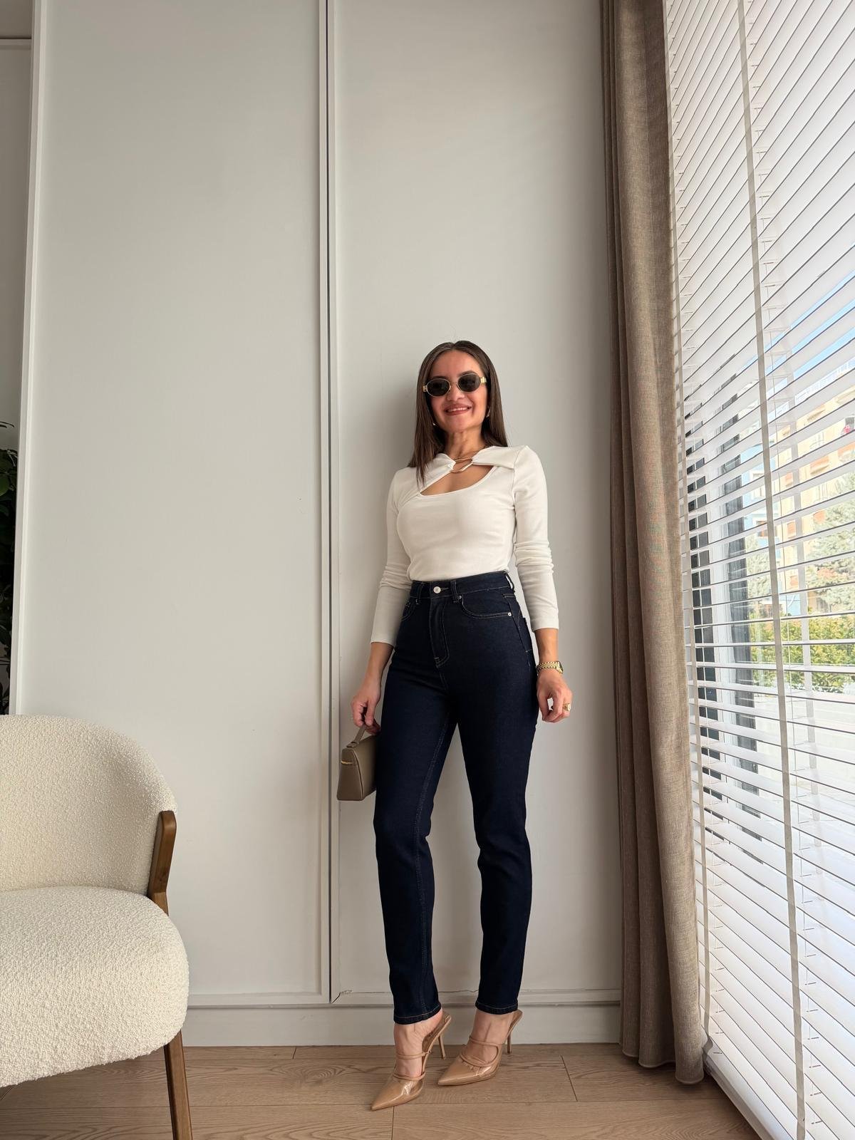 Lacivert Yüksek Bel Mom Jean D661