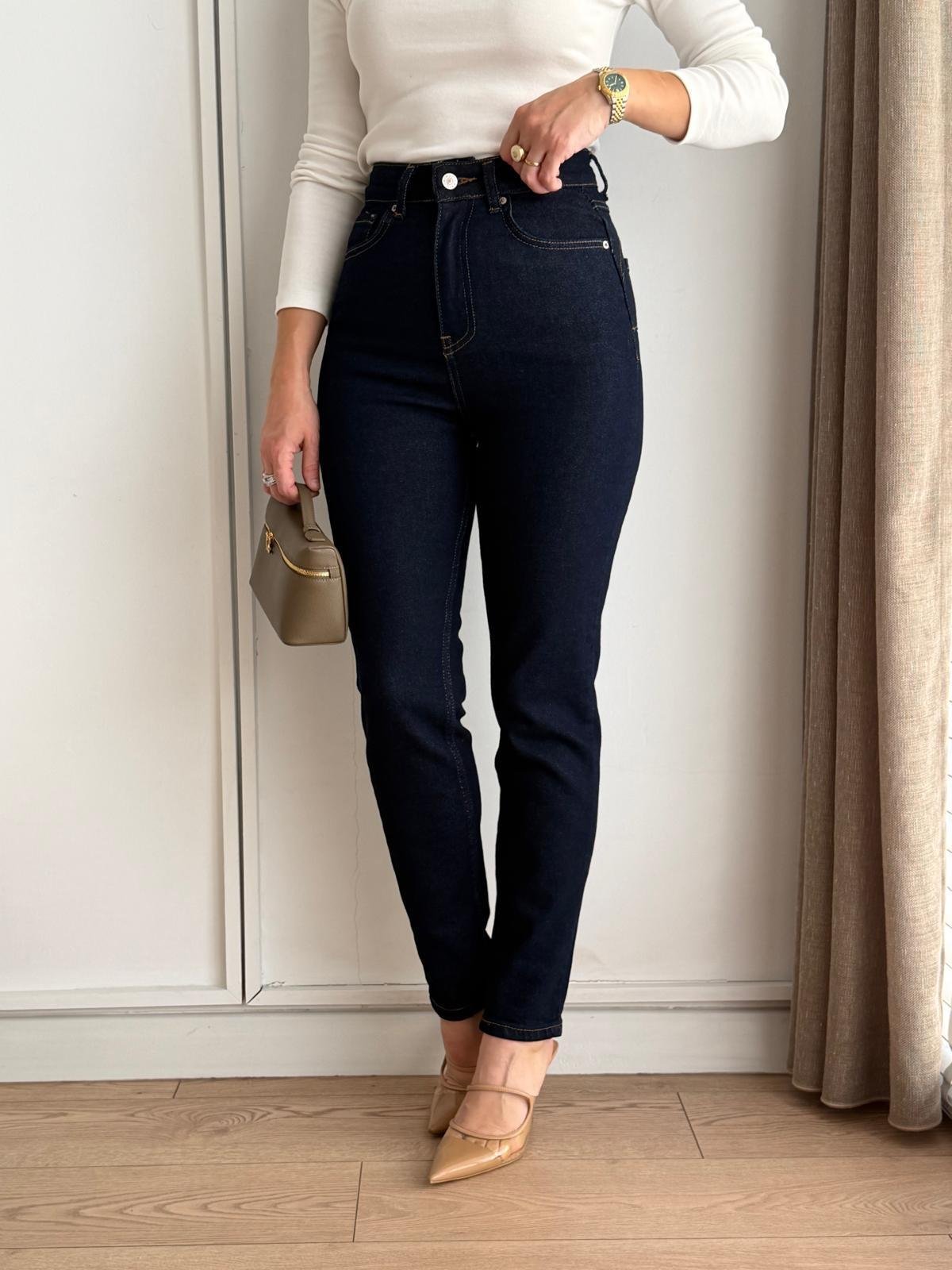 Lacivert Yüksek Bel Mom Jean D661