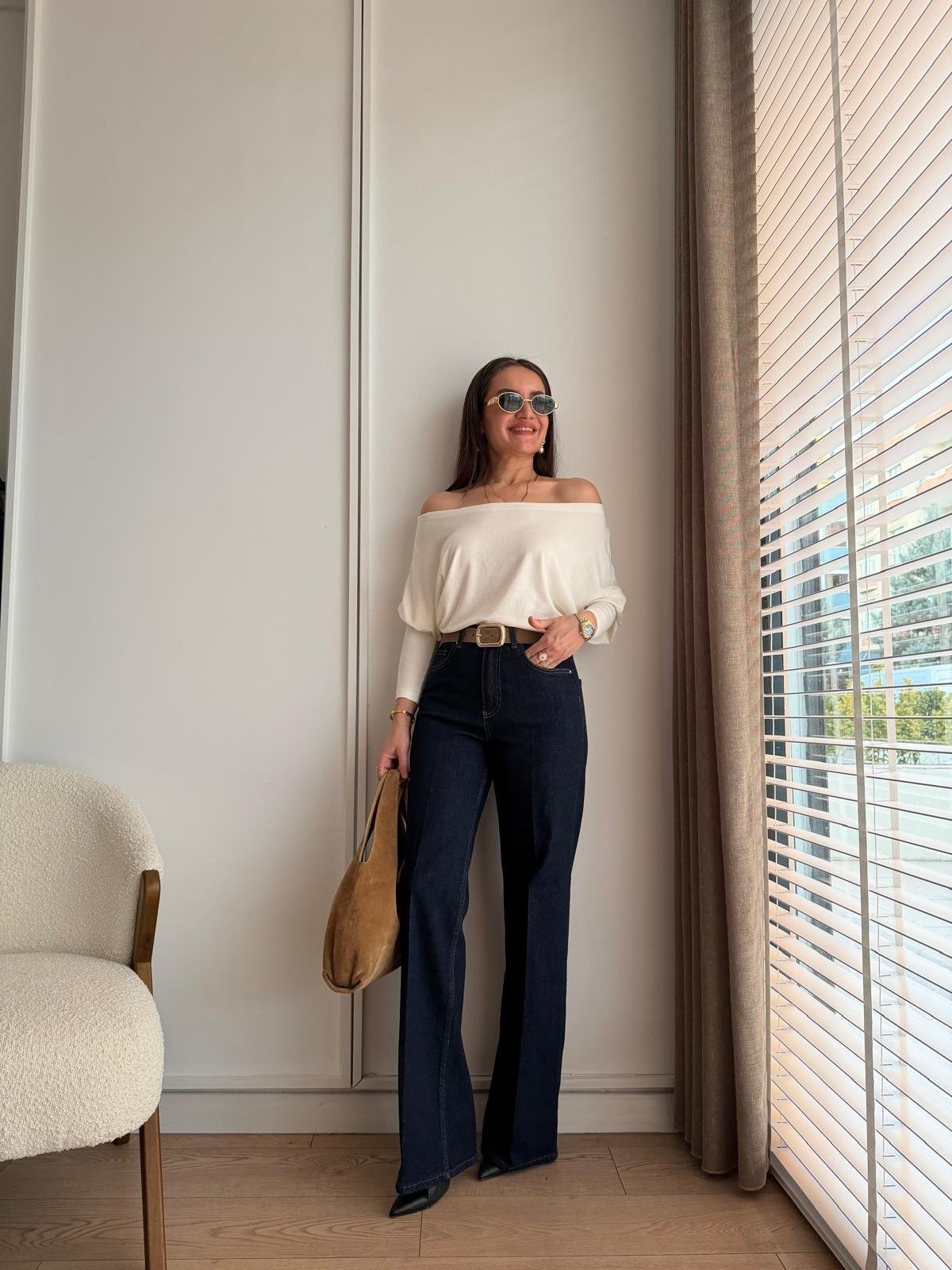 Lacivert Yüksek Bel Ütü İzli Wide Leg Jean D882