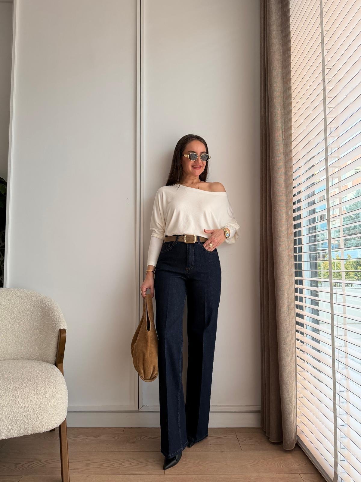Lacivert Yüksek Bel Ütü İzli Wide Leg Jean D882