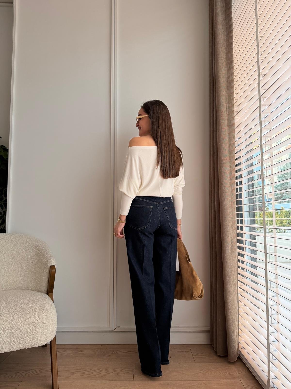 Lacivert Yüksek Bel Ütü İzli Wide Leg Jean D882