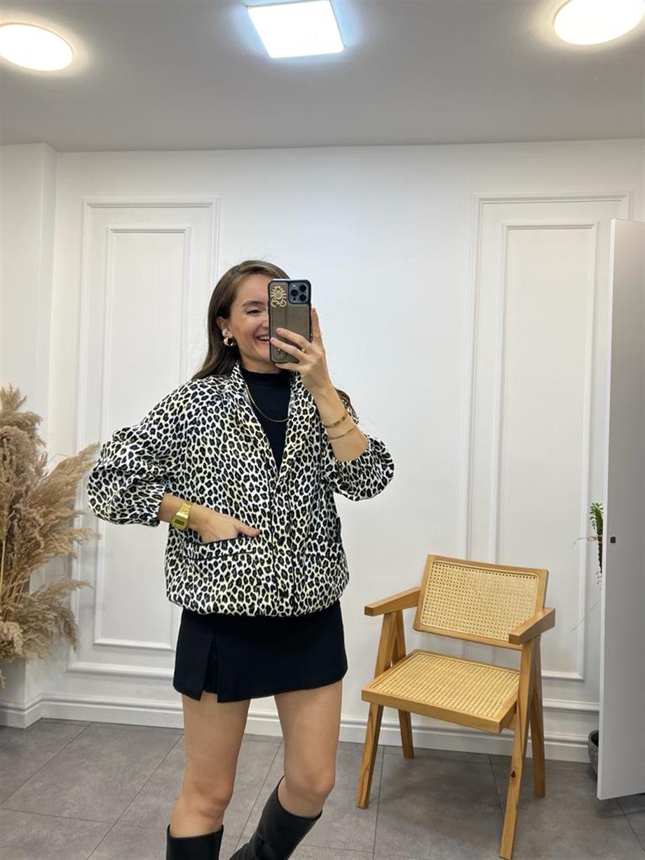 Leopar Saten Lüx Kalite Tasarım Bomber Ceket 85072