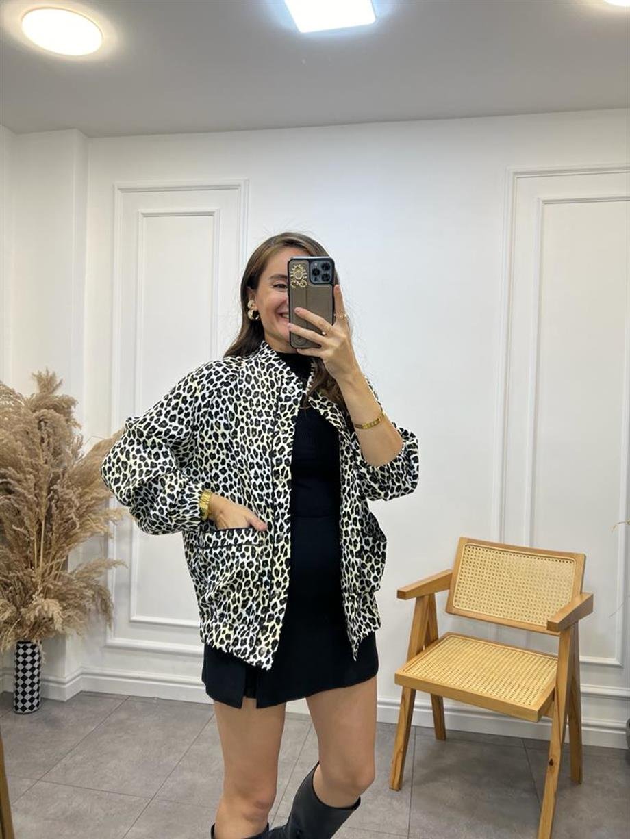 Leopar Saten Lüx Kalite Tasarım Bomber Ceket 85072