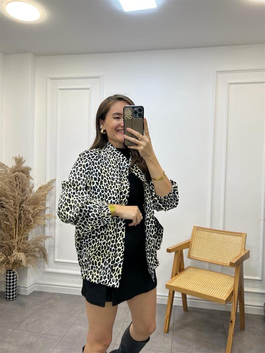 Leopar Saten Lüx Kalite Tasarım Bomber Ceket 85072