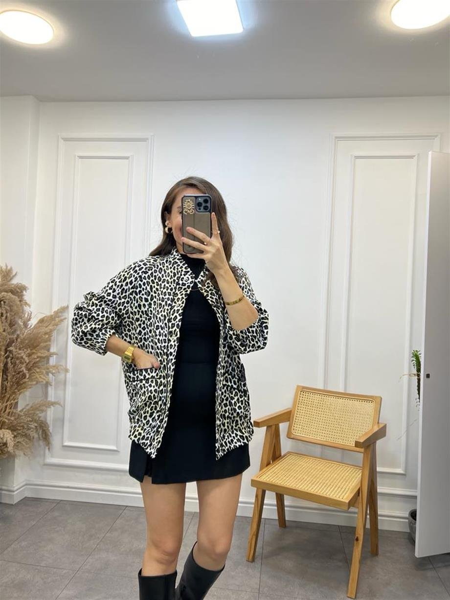 Leopar Saten Lüx Kalite Tasarım Bomber Ceket 85072