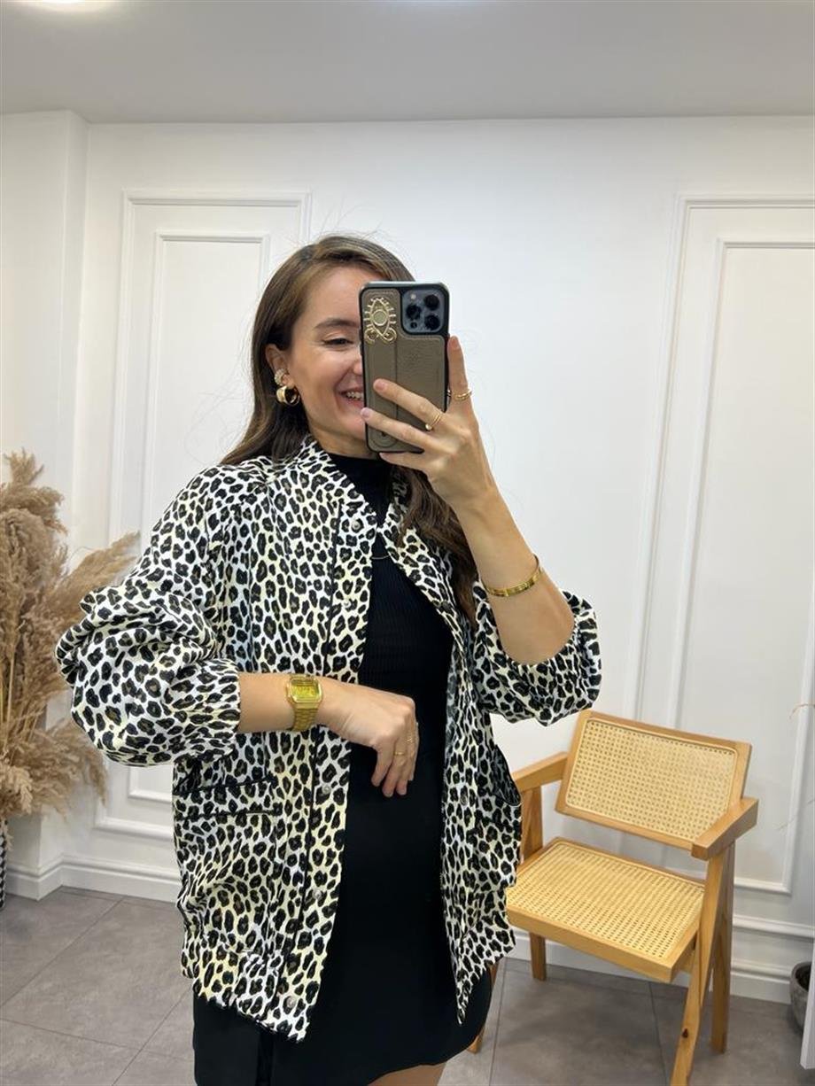Leopar Saten Lüx Kalite Tasarım Bomber Ceket 85072