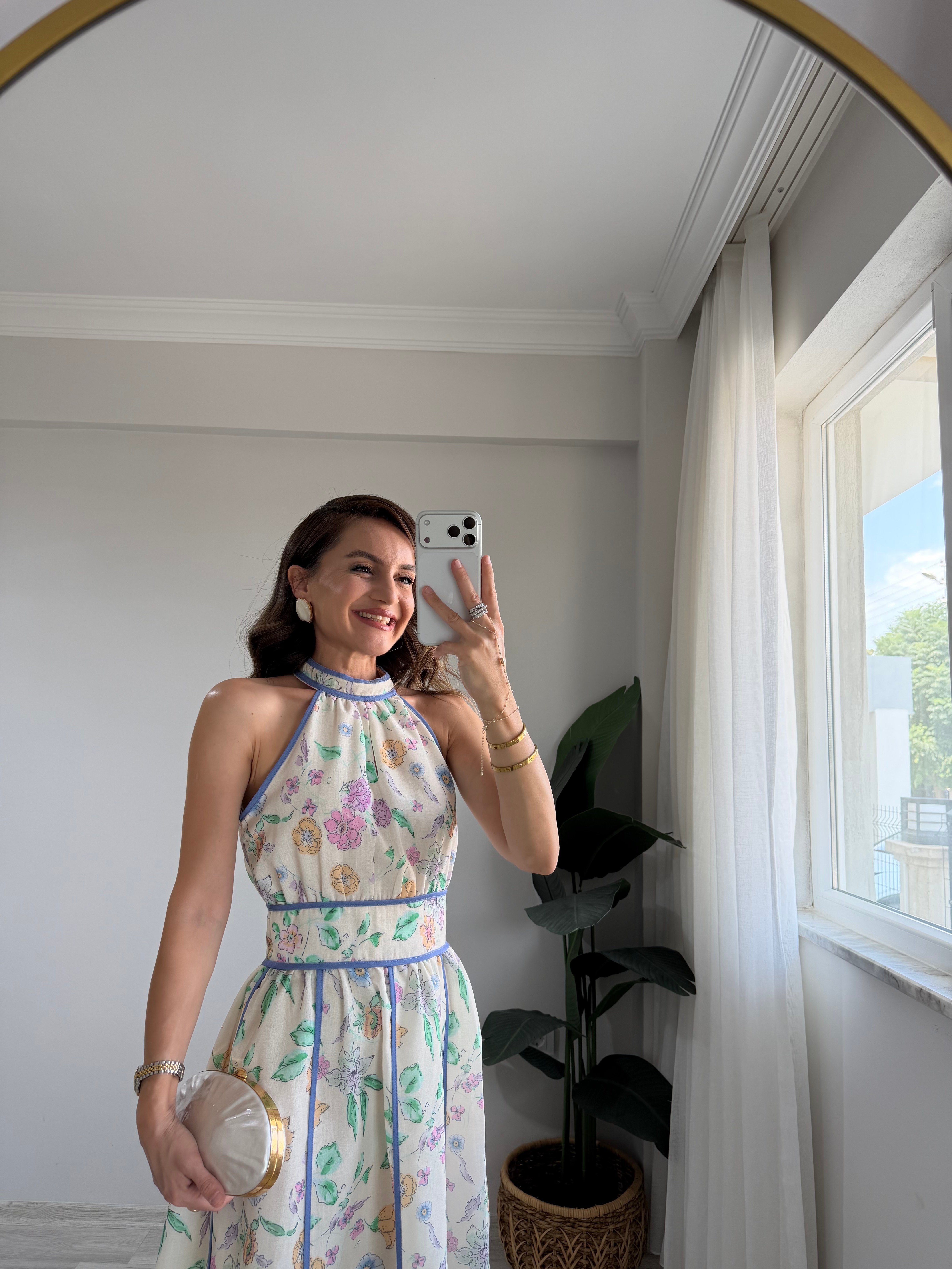 Lila Biyeli Halter Yaka Çiçekli Elbise 3245