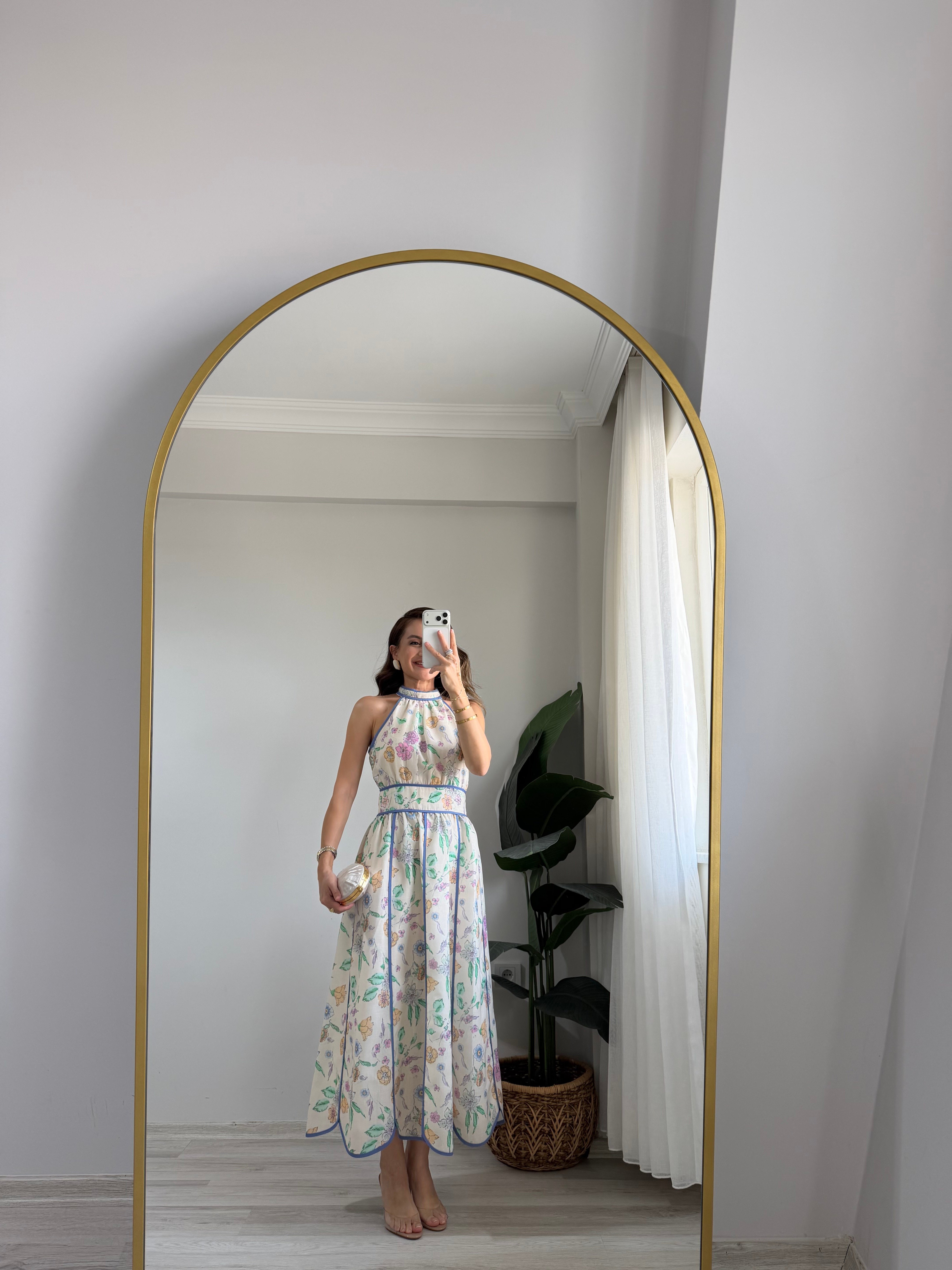 Lila Biyeli Halter Yaka Çiçekli Elbise 3245