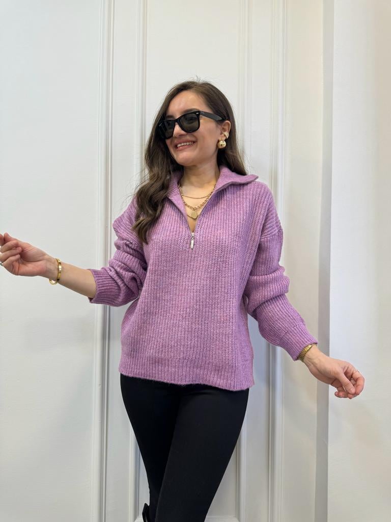 Lila Dik Yaka Fermuarlı Yumoş Yün Triko Kazak 3571