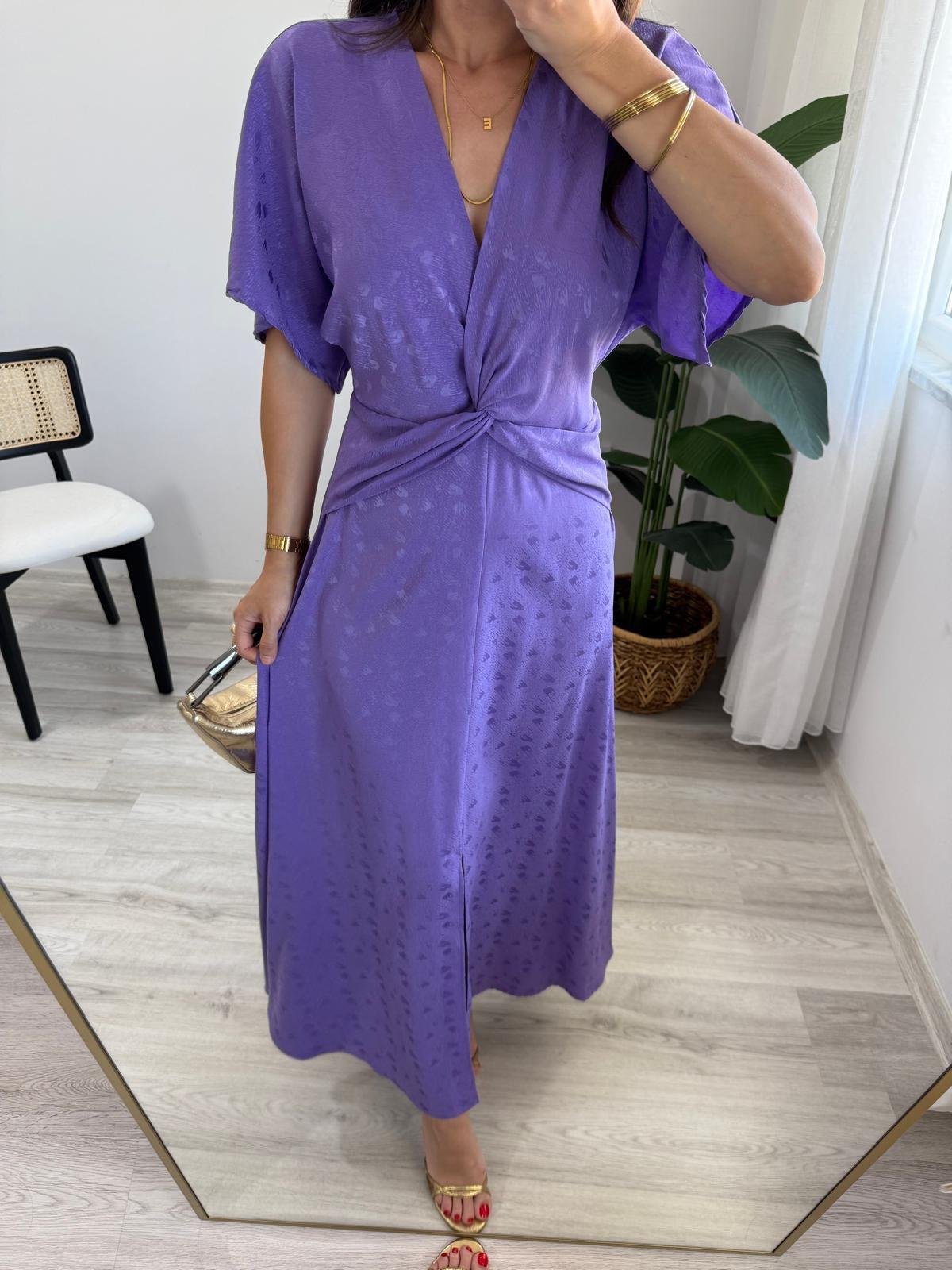 Lila Düğüm Detaylı Desenli Jakar Elbise K251670
