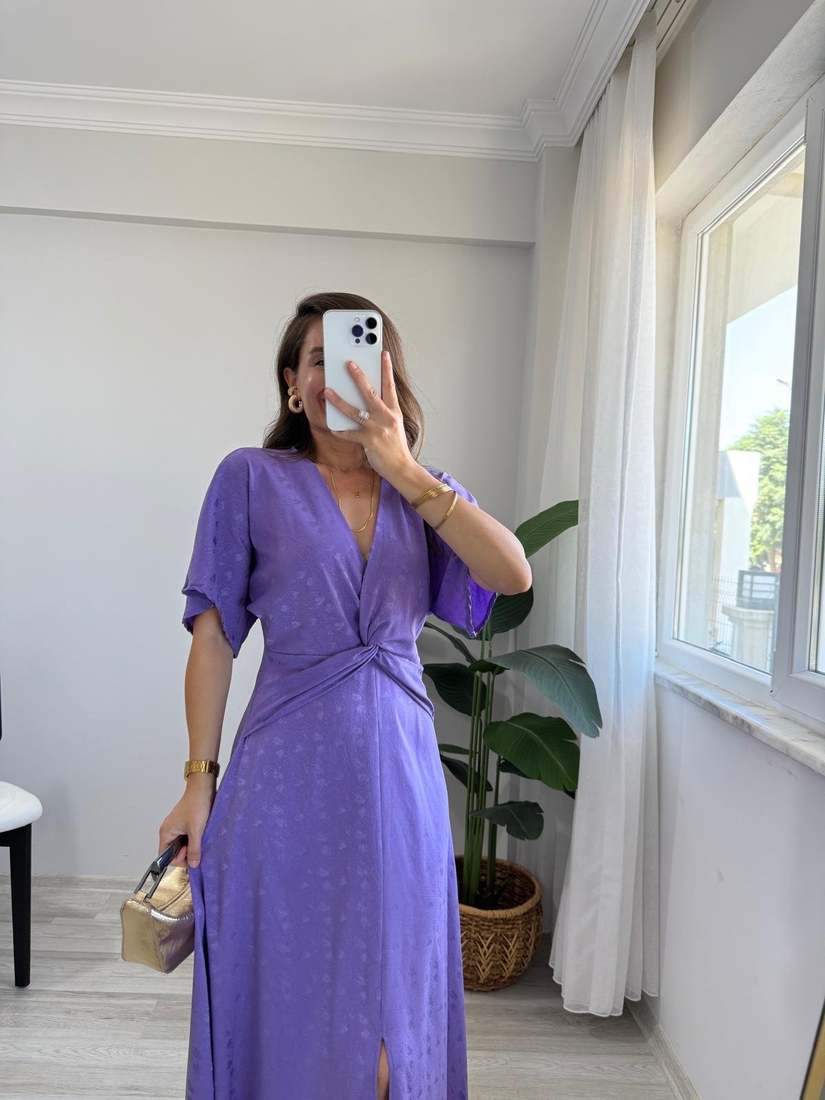 Lila Düğüm Detaylı Desenli Jakar Elbise K251670