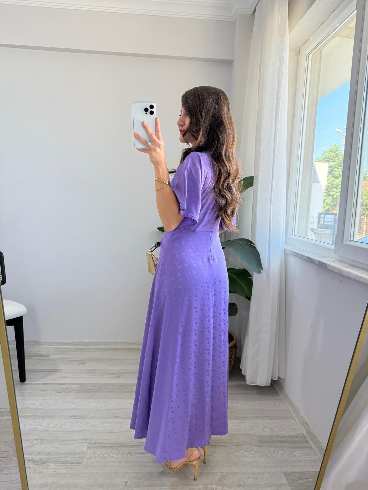 Lila Düğüm Detaylı Desenli Jakar Elbise K251670