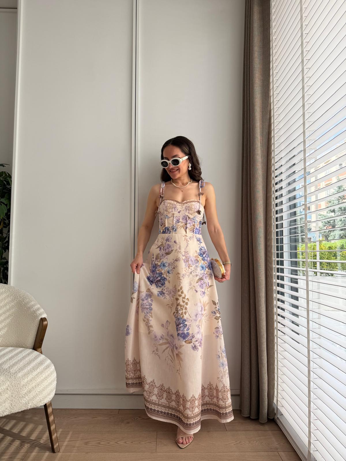Lila İp Askılı Göğüs Kulplu Çiçek Desenli Elbise 7539