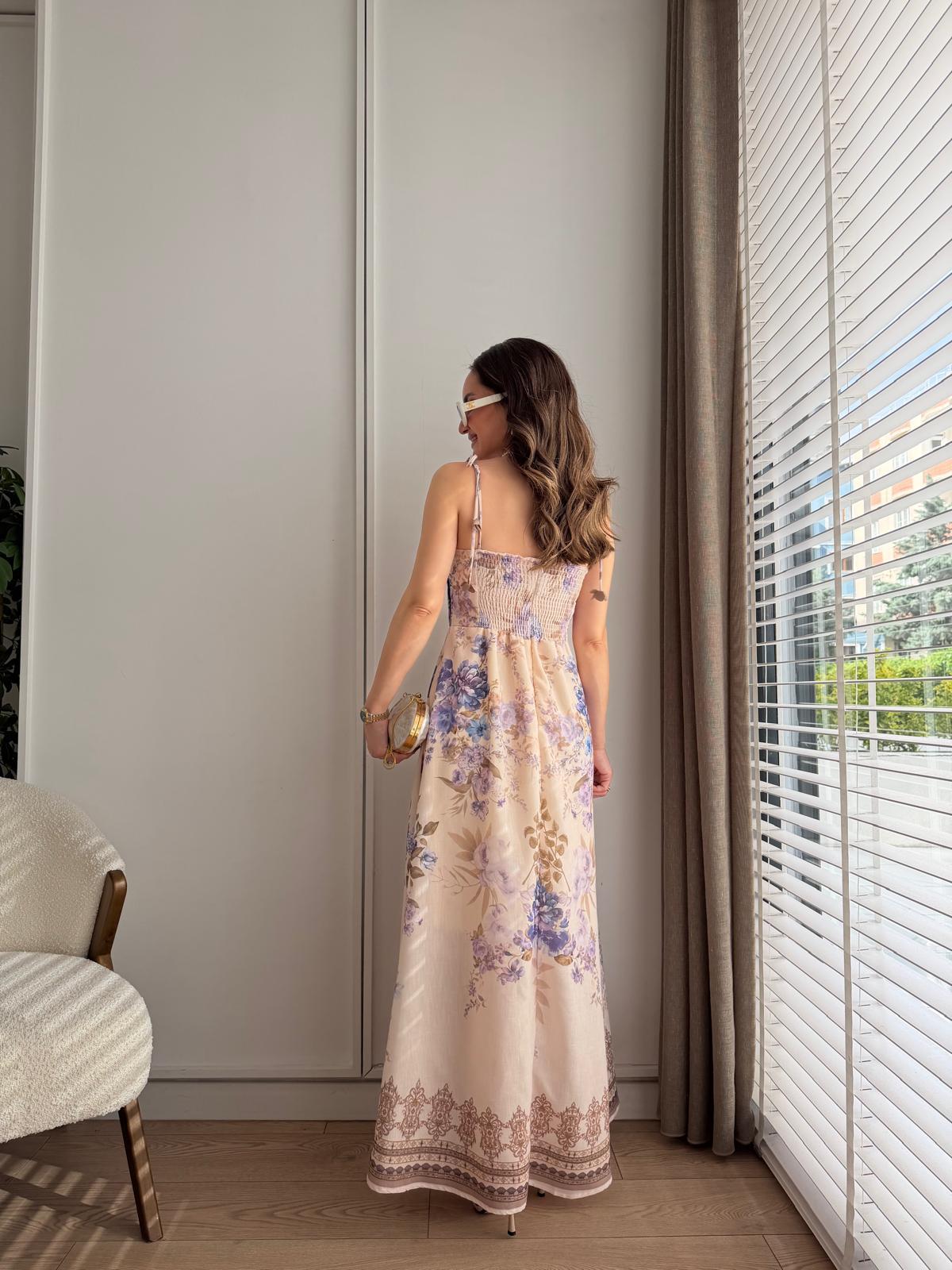 Lila İp Askılı Göğüs Kulplu Çiçek Desenli Elbise 7539