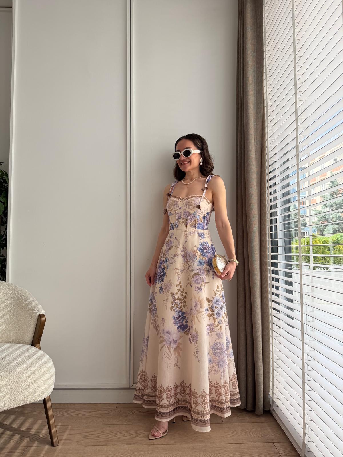 Lila İp Askılı Göğüs Kulplu Çiçek Desenli Elbise 7539