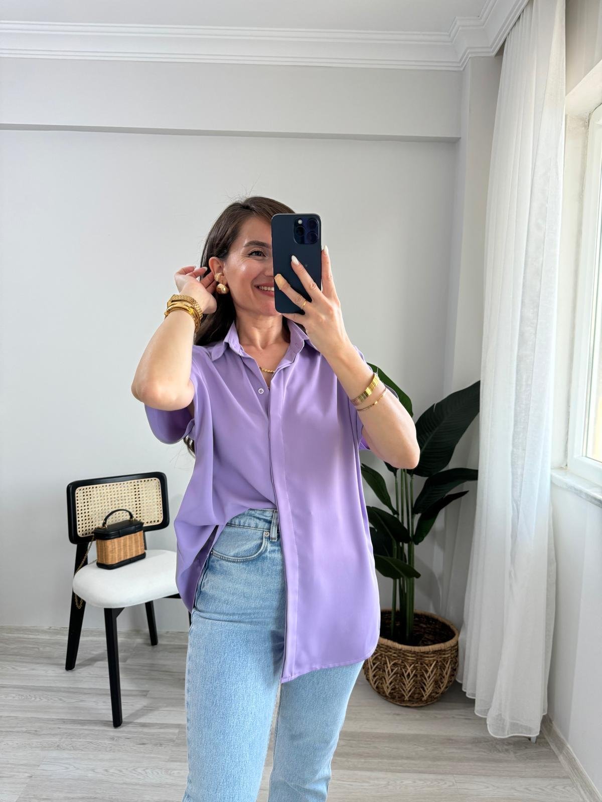Lila Omuz Detaylı Kolsuz Gömlek 504