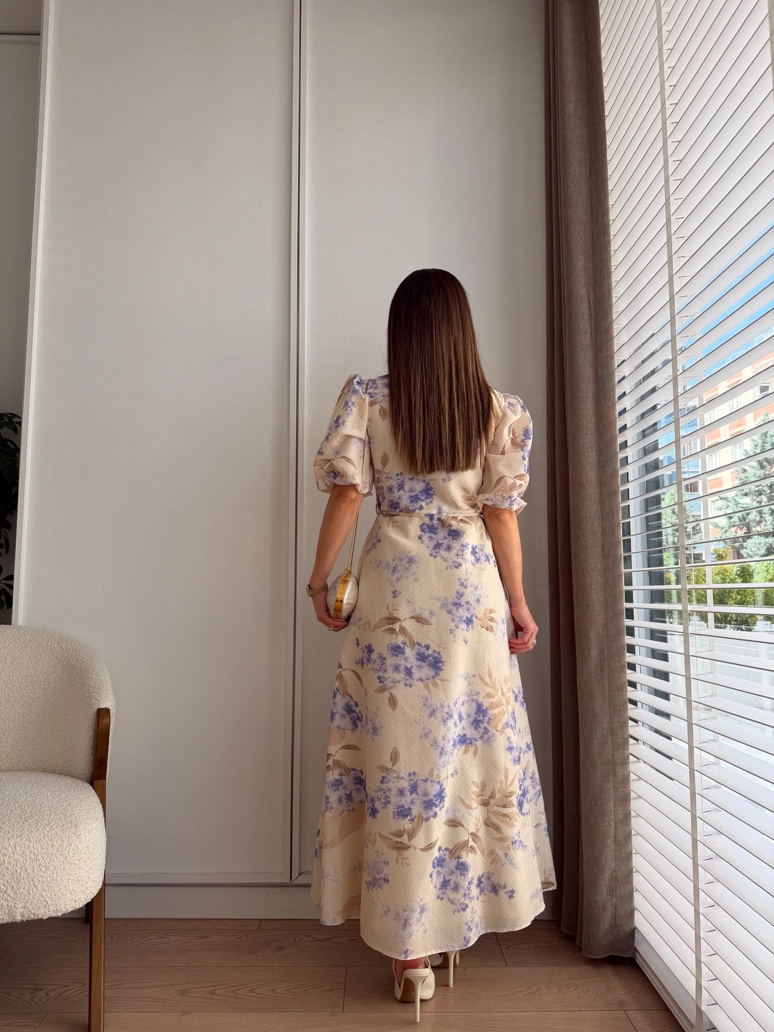 Lila Tasarım Çiçek Desenli Astarlı Keten Elbise 0893
