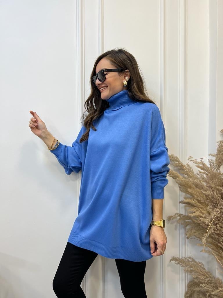 Mavi Balıkçı Yaka Oversize Triko Kazak 3525