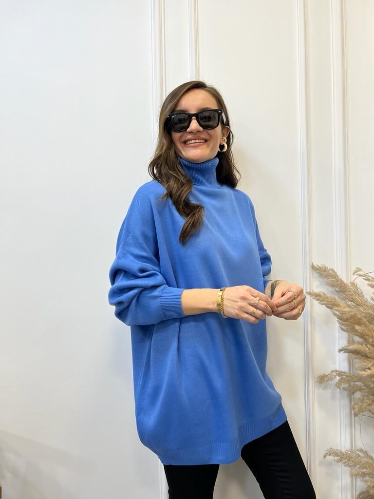 Mavi Balıkçı Yaka Oversize Triko Kazak 3525