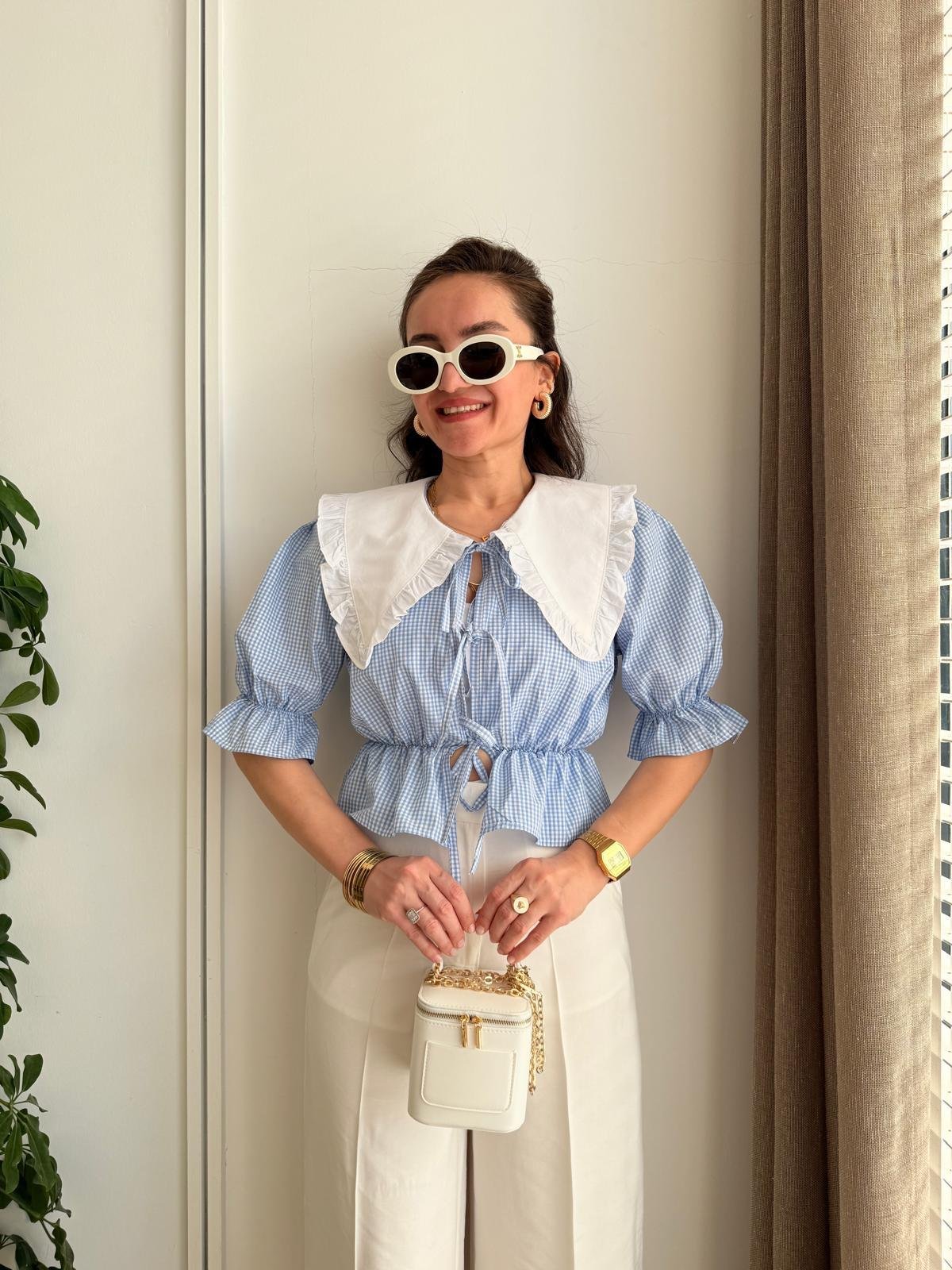 Mavi Bebe Yaka Bağlama Detaylı Bluz 34673