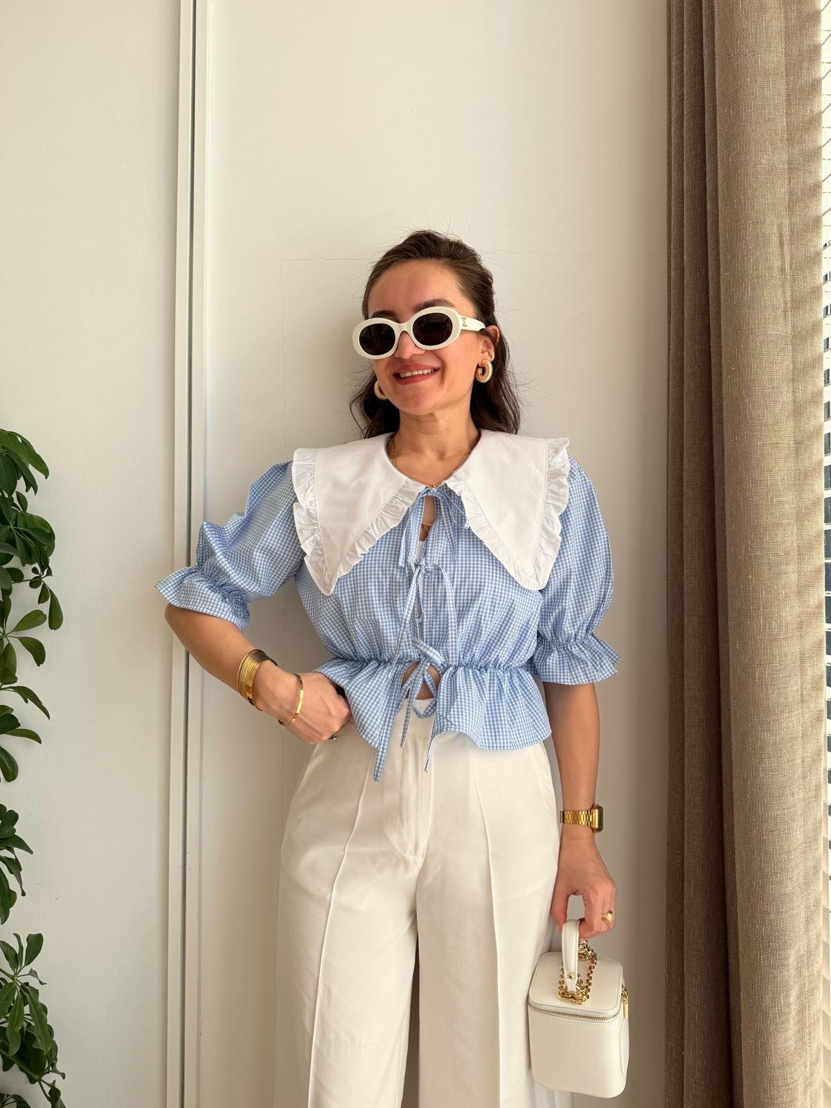Mavi Bebe Yaka Bağlama Detaylı Bluz 34673
