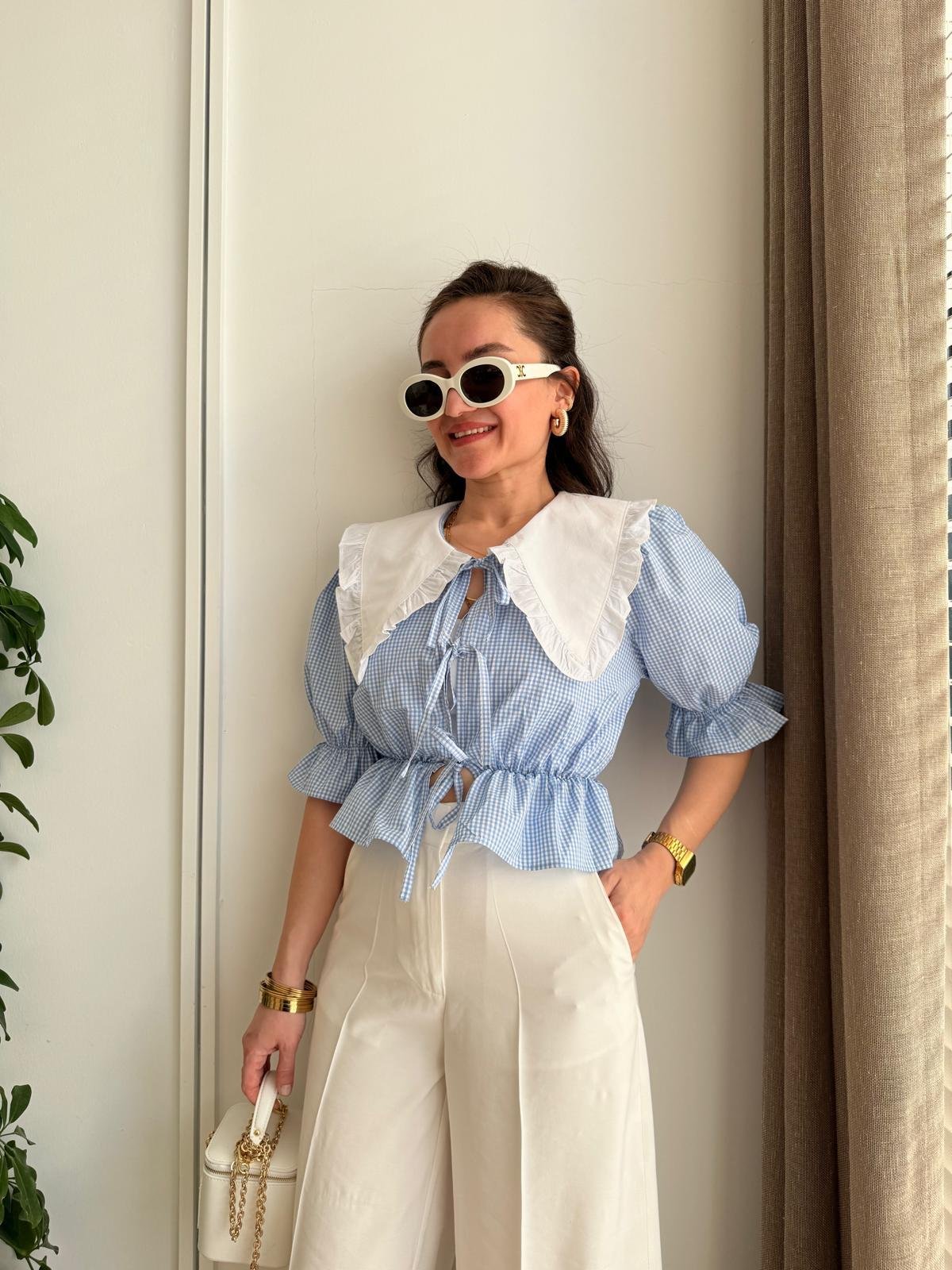 Mavi Bebe Yaka Bağlama Detaylı Bluz 34673